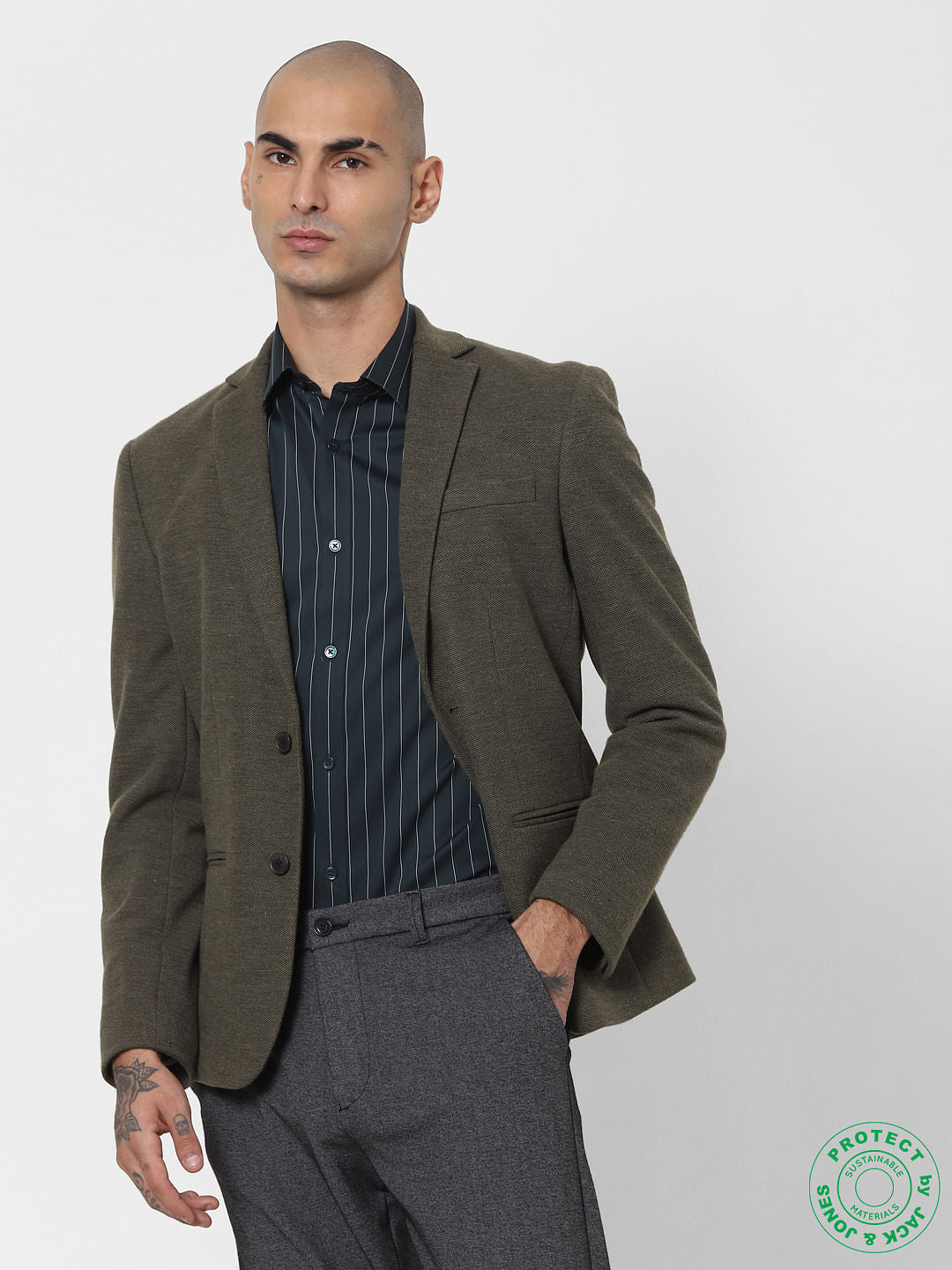 Dark Green Pinstripe Full Sleeves Shirt - S