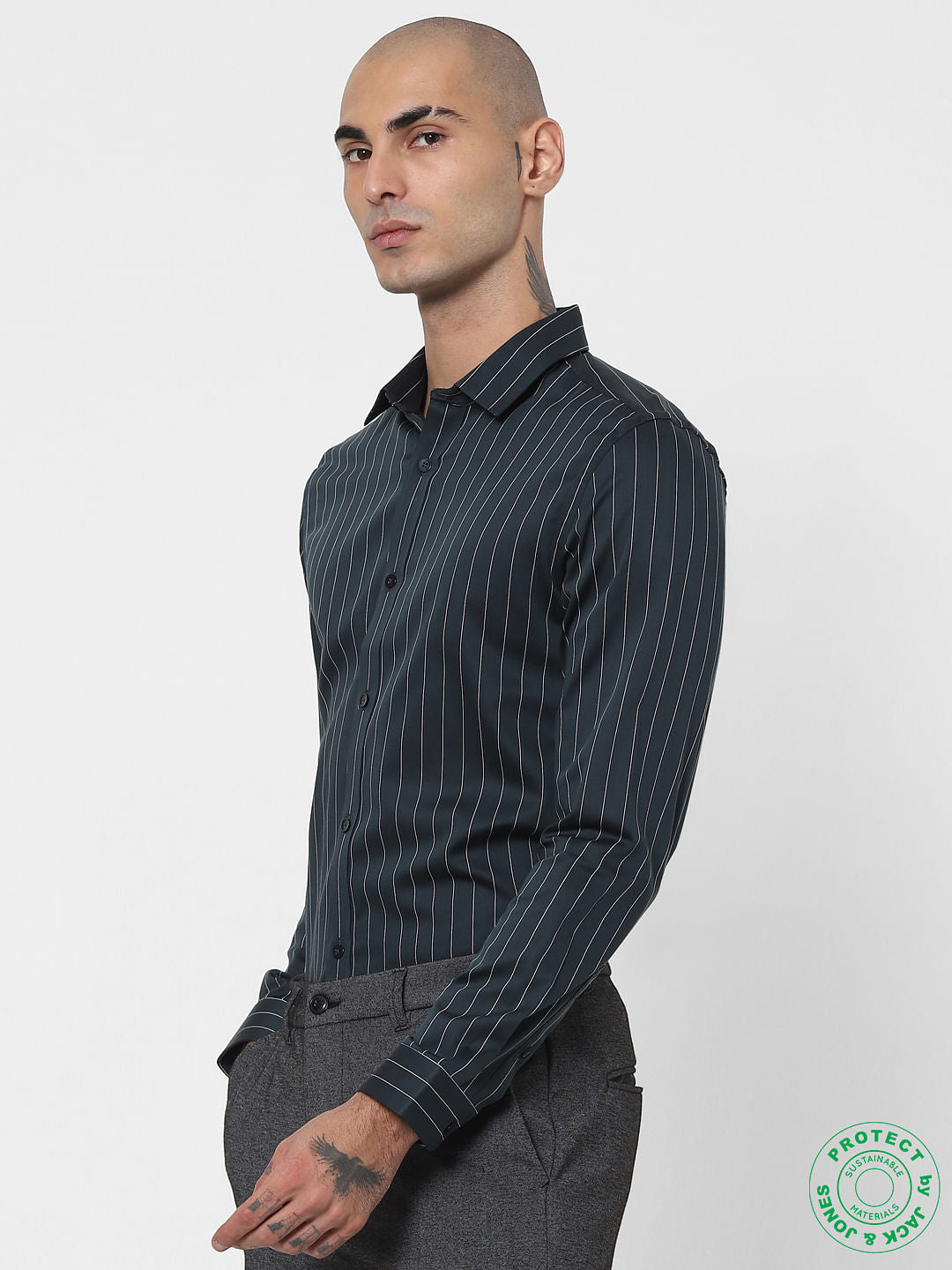 Dark Green Pinstripe Full Sleeves Shirt