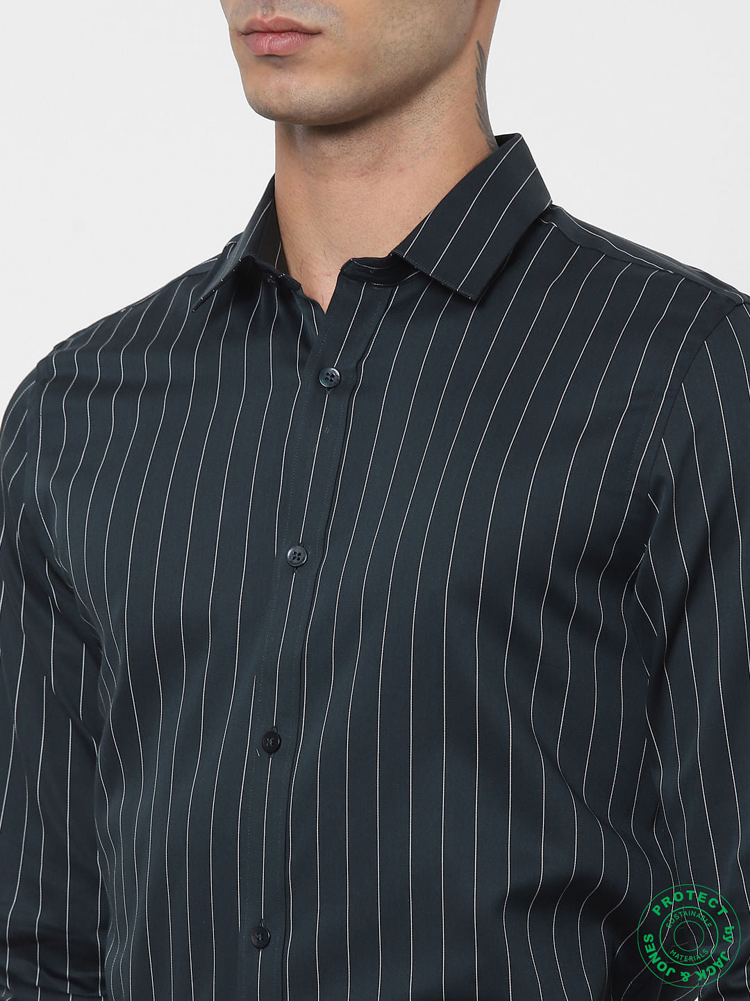 Dark Green Pinstripe Full Sleeves Shirt