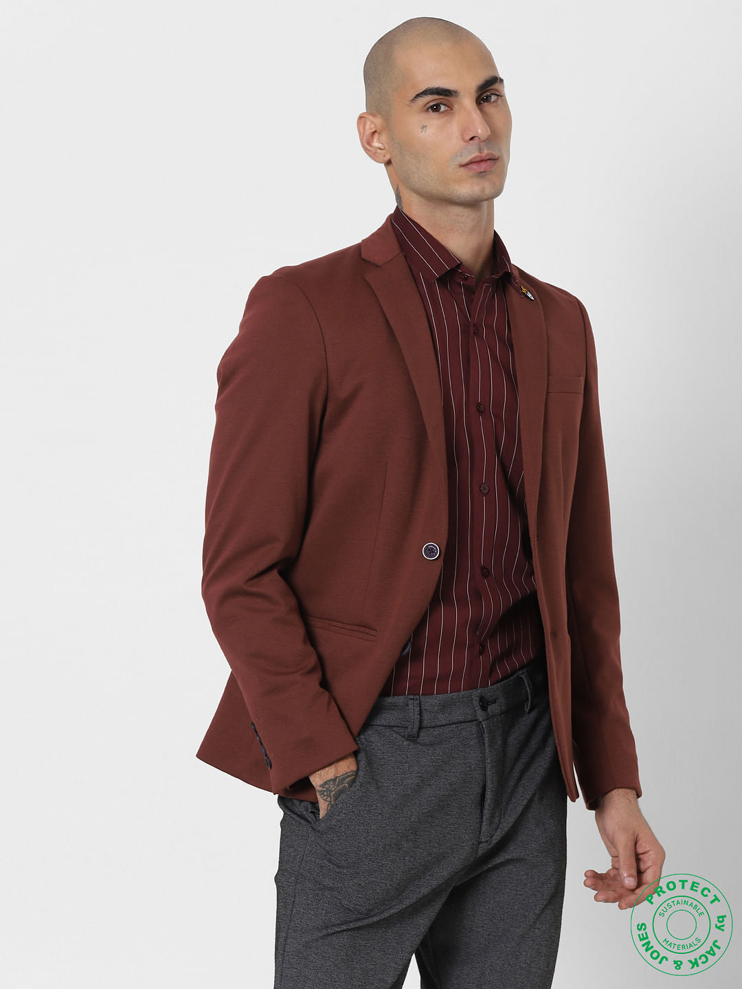 Maroon Pinstripe Full Sleeves Shirt - S