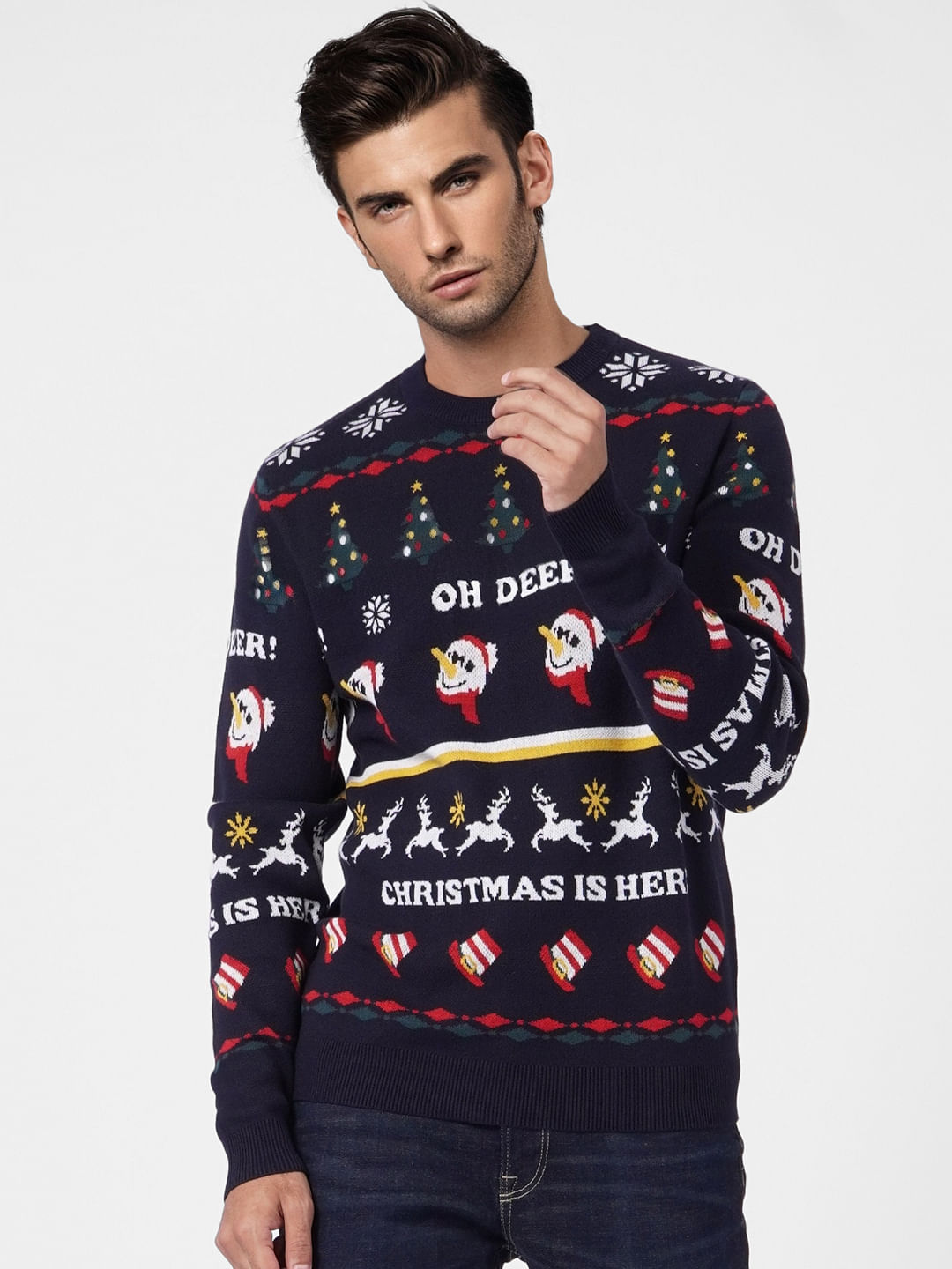 Navy Blue Printed Knit Pullover