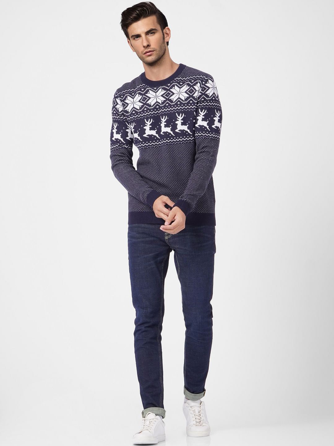 Navy Blue Printed Knit Pullover - S