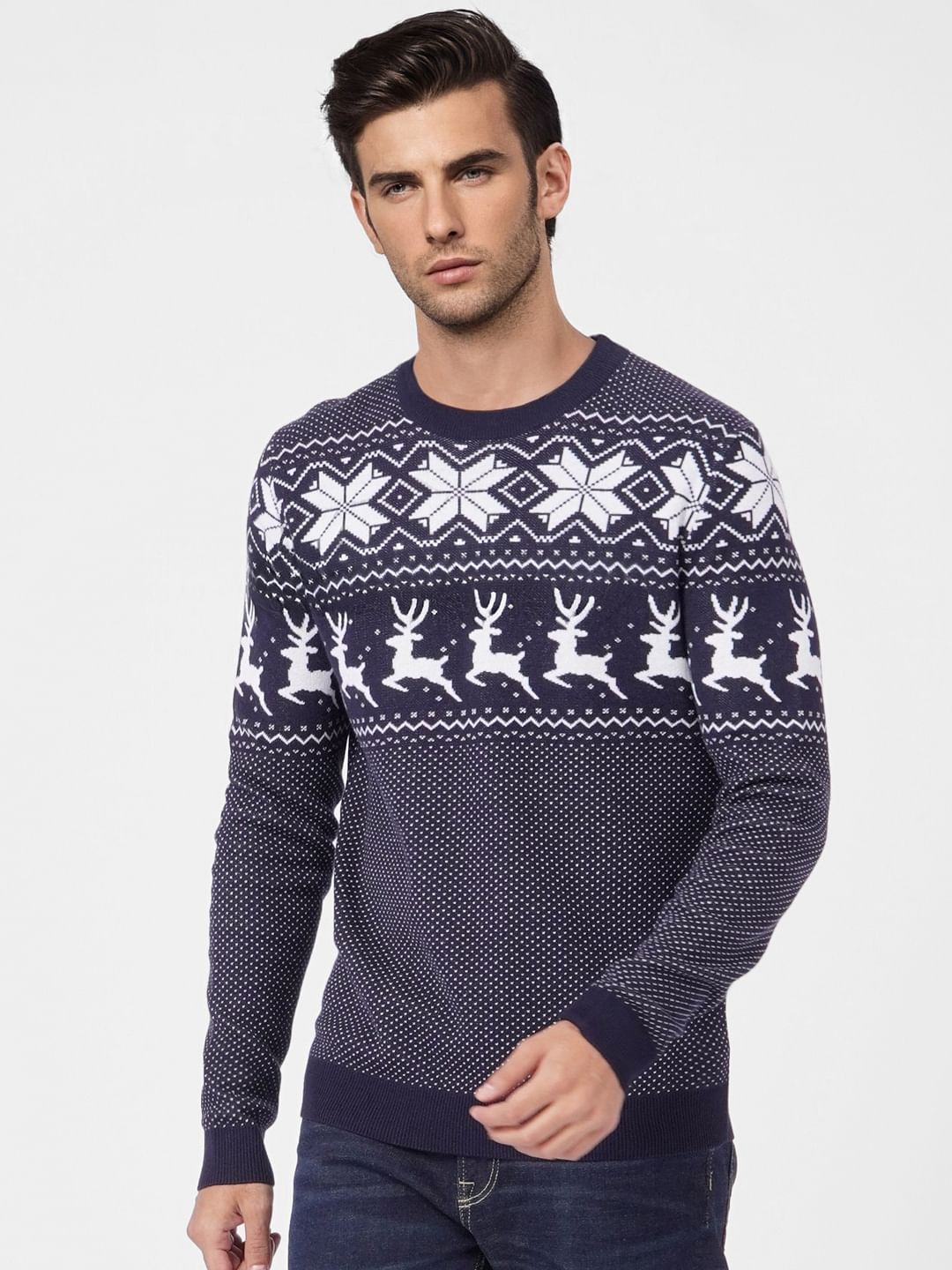 Navy Blue Printed Knit Pullover