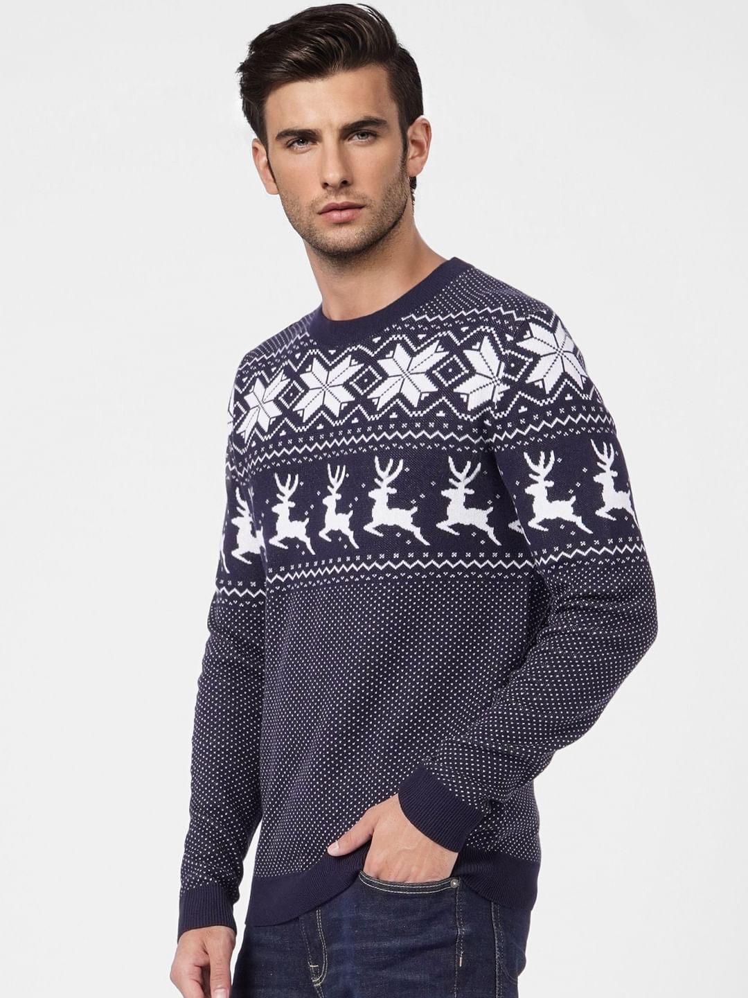 Navy Blue Printed Knit Pullover