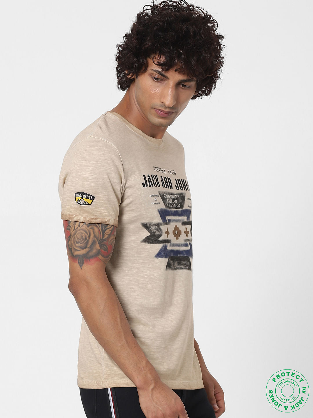 Beige Logo Print Crew Neck T-shirt