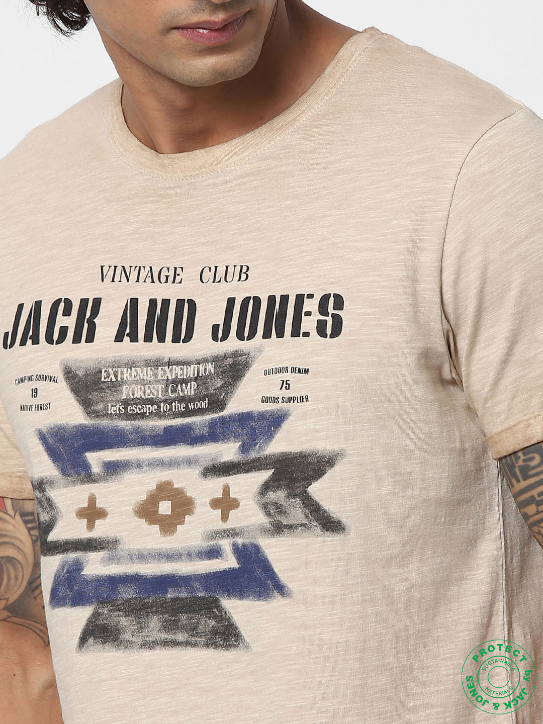 Beige Logo Print Crew Neck T-shirt