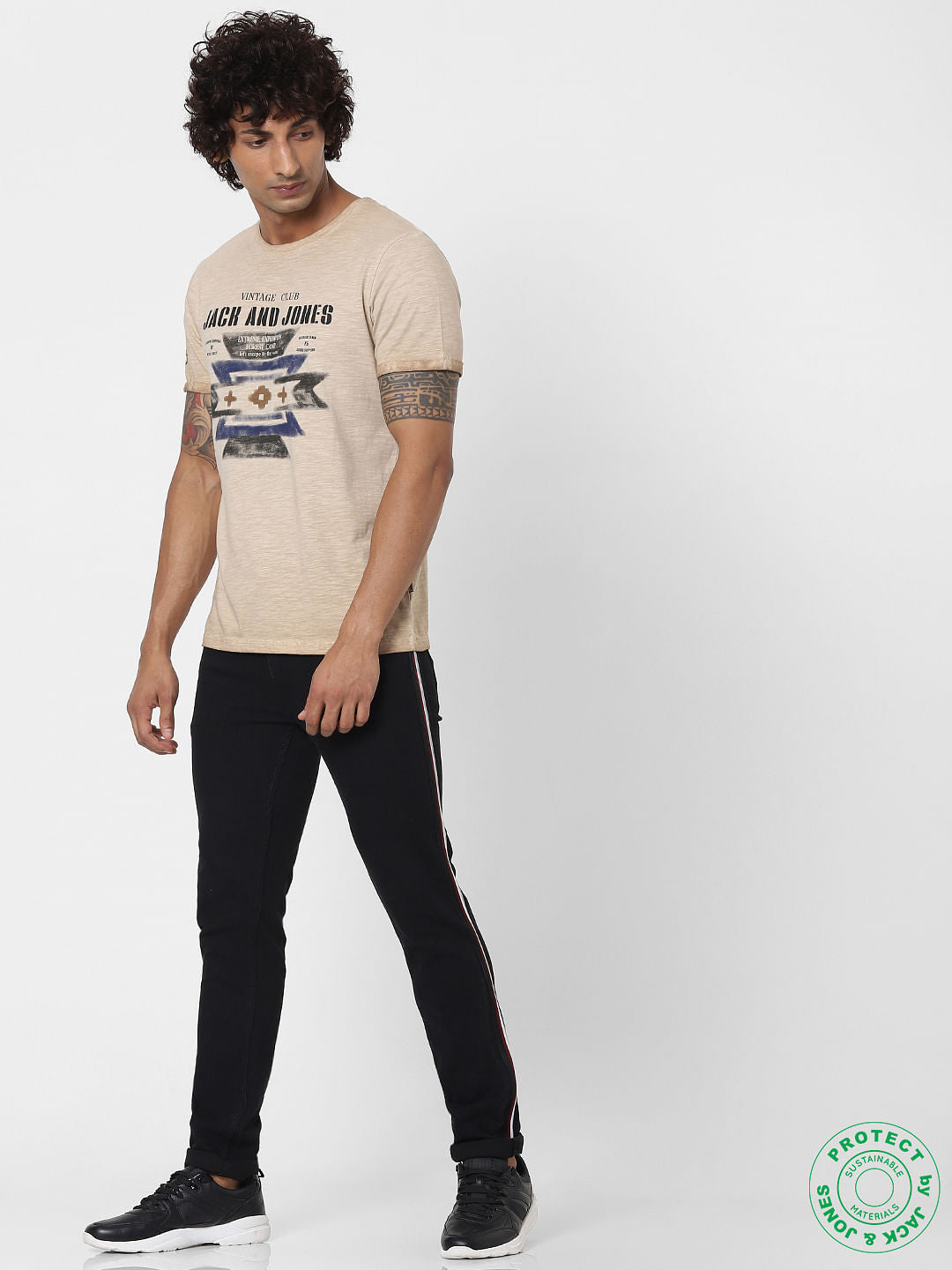 Beige Logo Print Crew Neck T-shirt