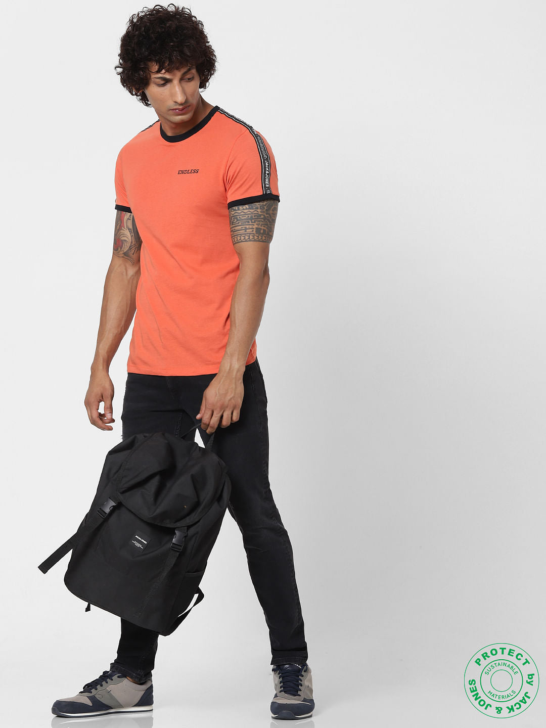 Orange Tape Detail Crew Neck T-shirt - S
