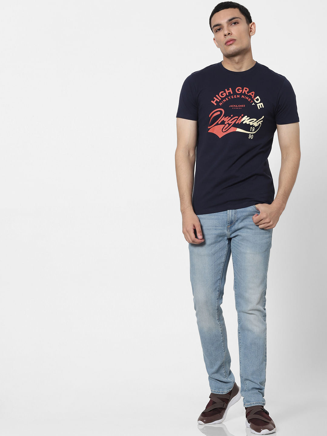 Blue Logo Print Crew Neck T-shirt