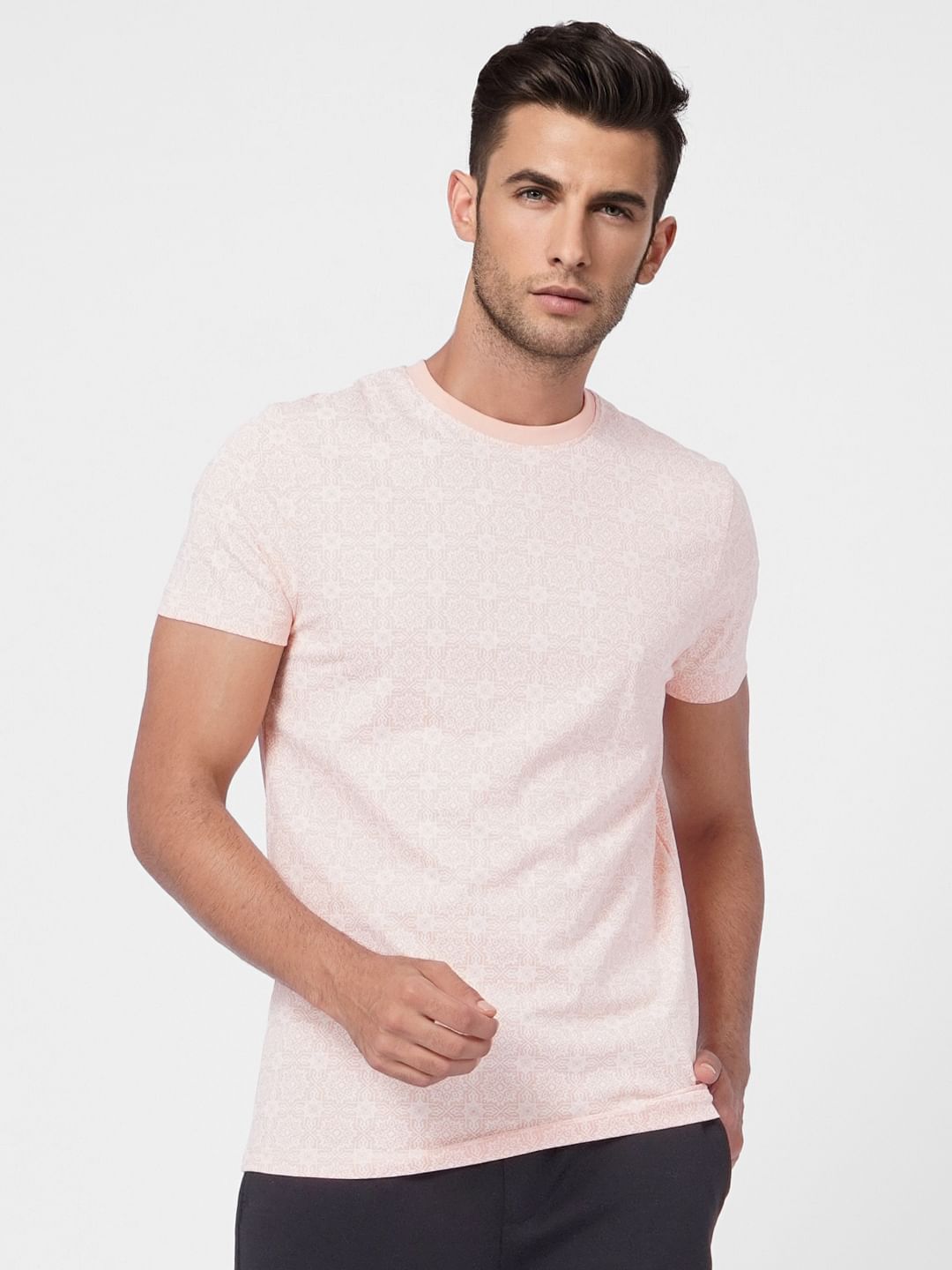 Light Peach Printed Crew Neck T-shirt