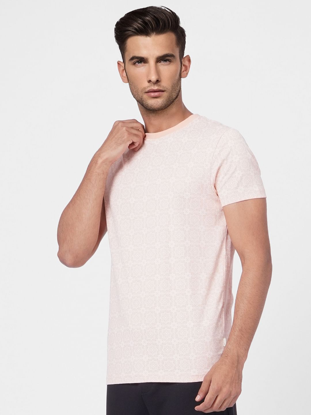 Light Peach Printed Crew Neck T-shirt