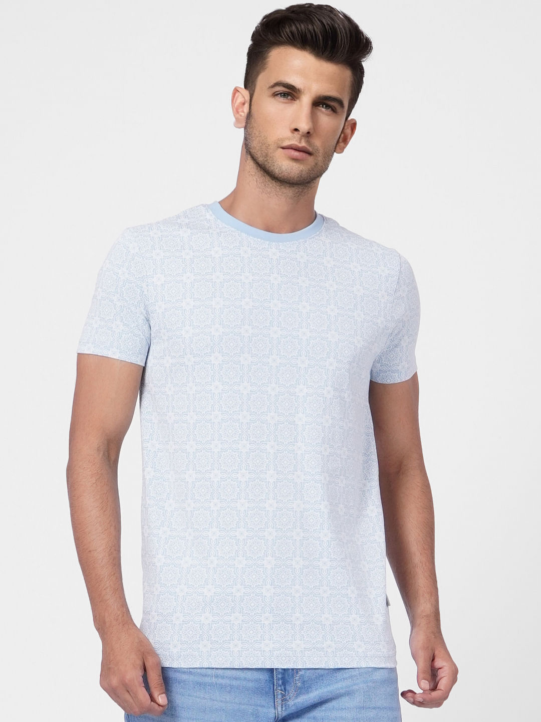 Light Blue Printed Crew Neck T-shirt