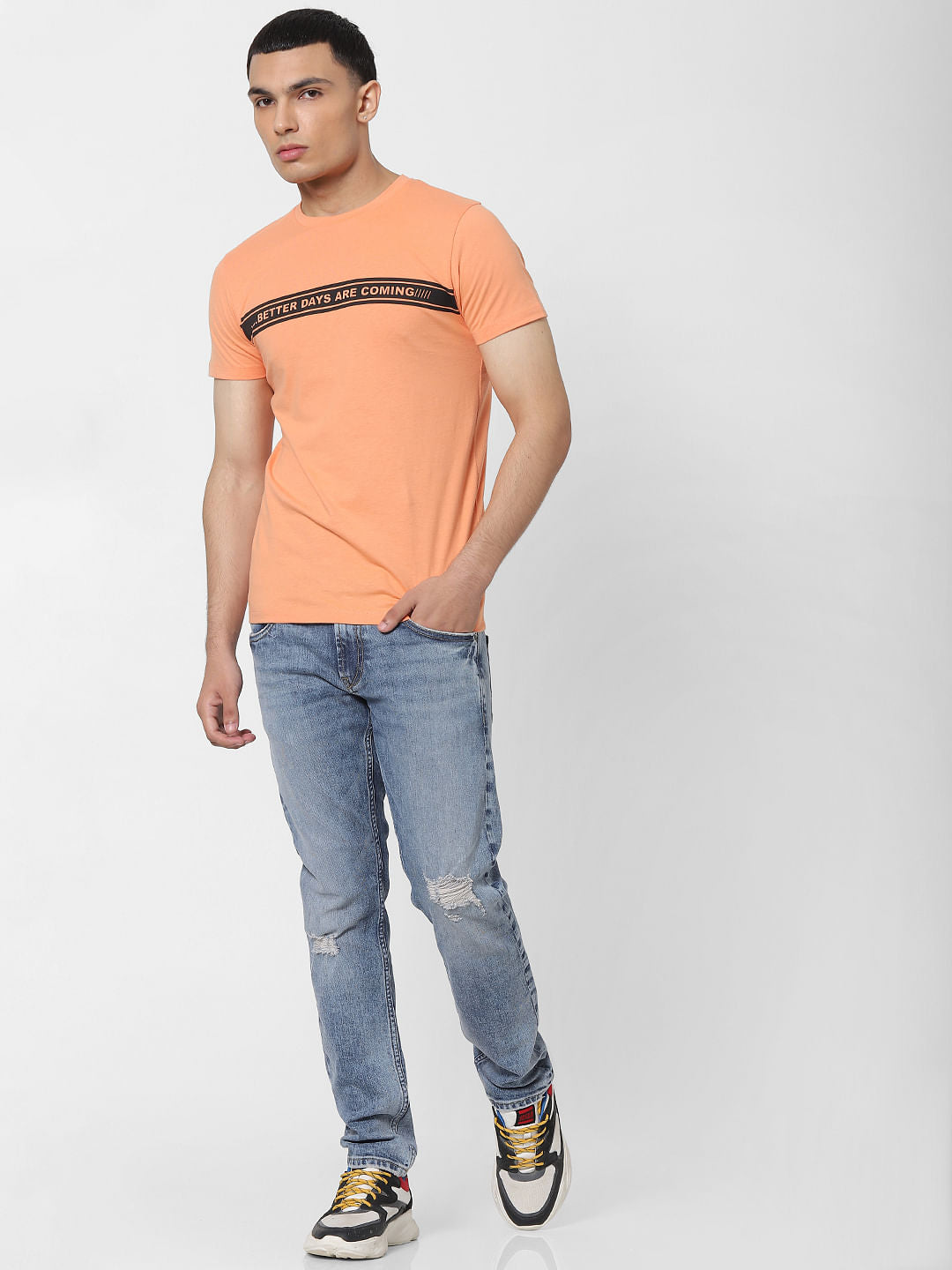 Coral Slogan Print Crew Neck T-shirt