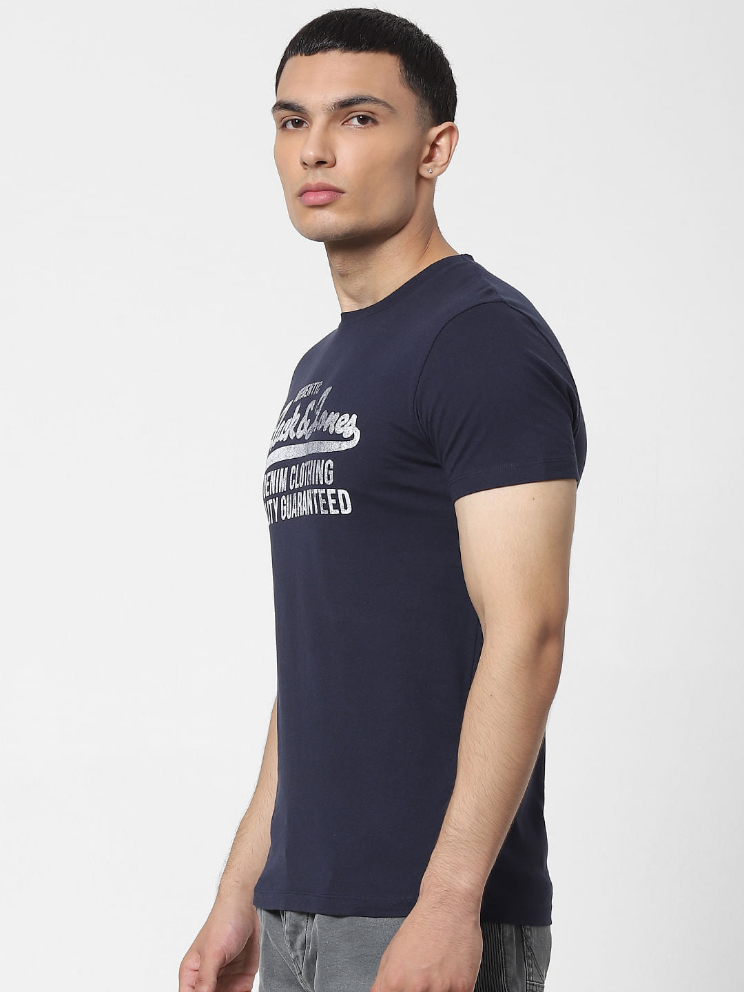 Navy Blue Logo Print Crew Neck T-shirt