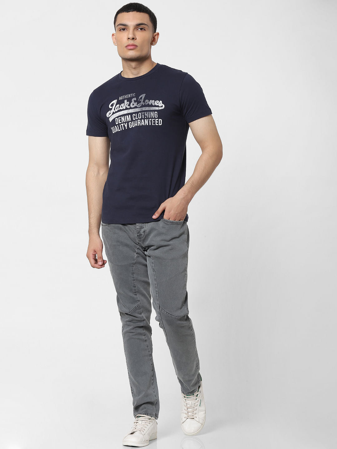 Navy Blue Logo Print Crew Neck T-shirt