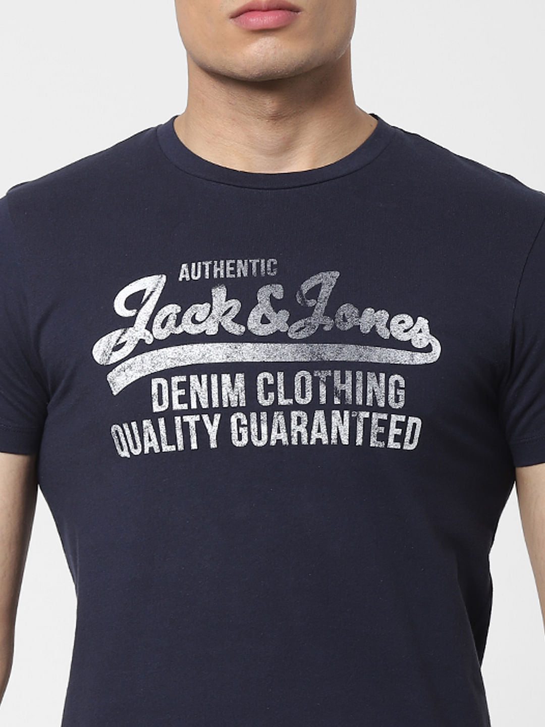 Navy Blue Logo Print Crew Neck T-shirt