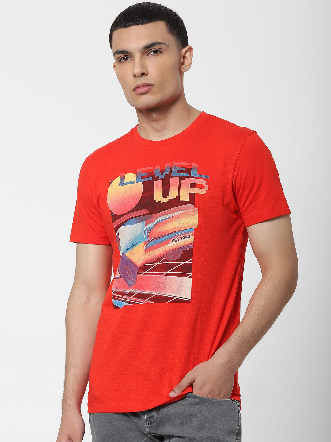 Orange Graphic Print Crew Neck T-shirt