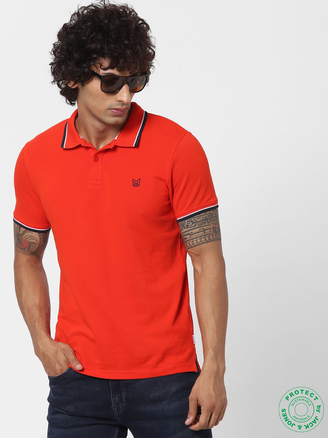 Red Contrast Tipping Polo Neck T-shirt - S
