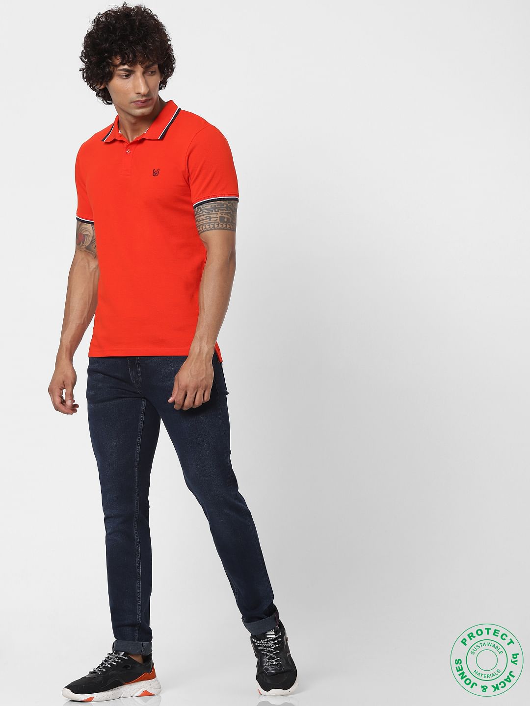 Red Contrast Tipping Polo Neck T-shirt