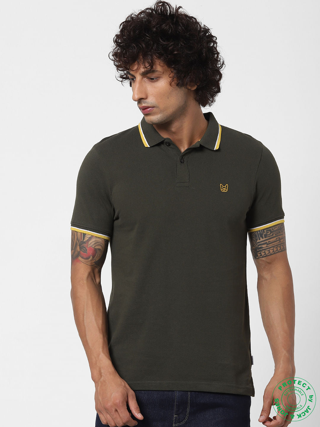 Green Contrast Tipping Polo Neck T-shirt