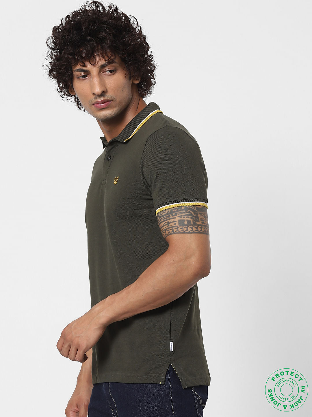 Green Contrast Tipping Polo Neck T-shirt