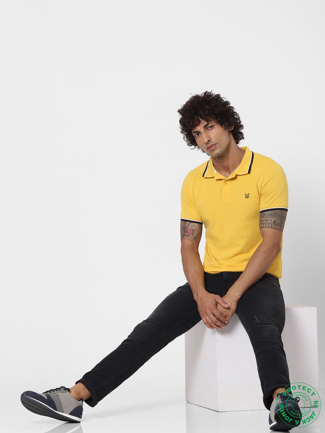 Yellow Contrast Tipping Polo Neck T-shirt - S