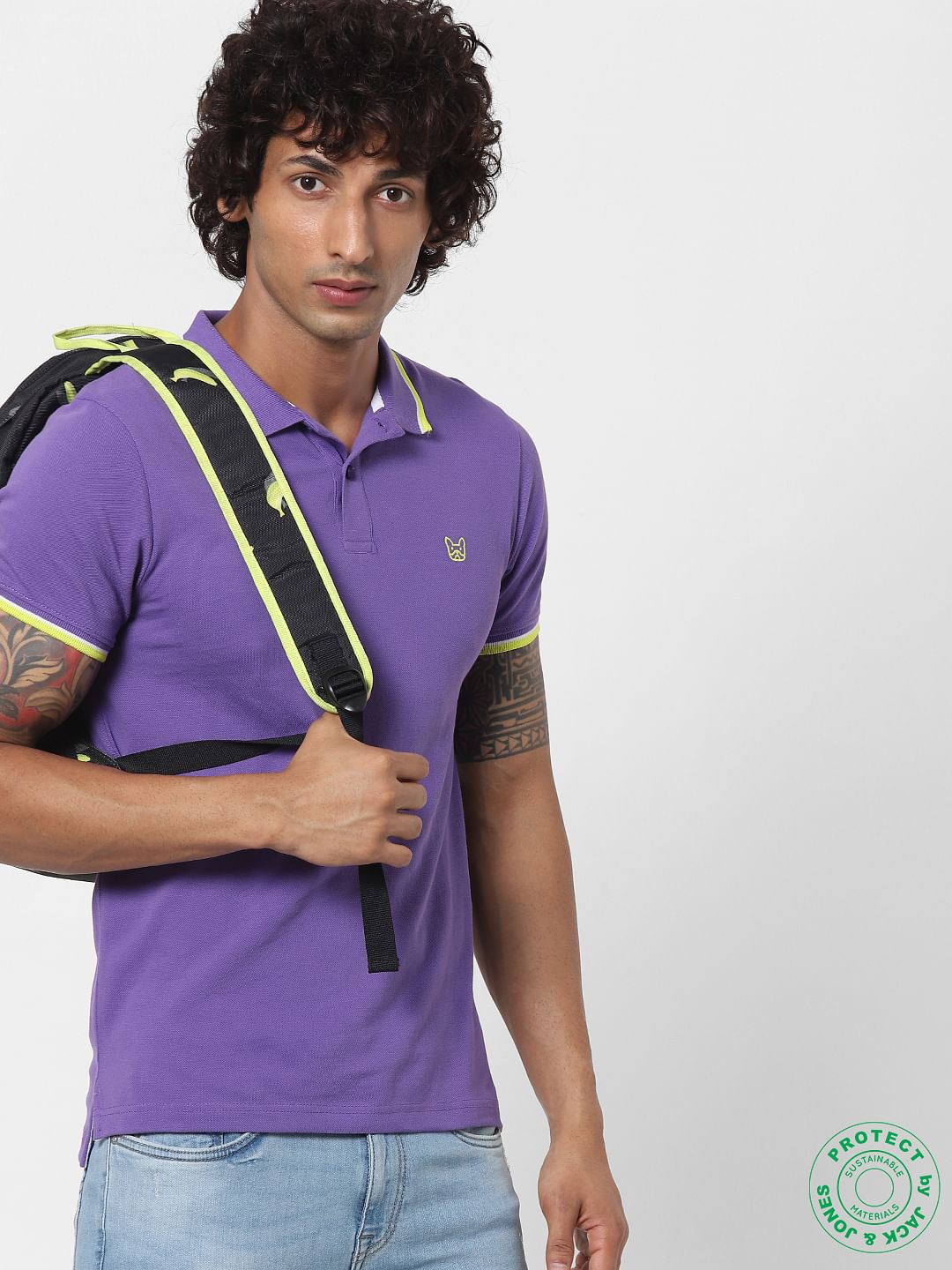 Purple Contrast Tipping Polo Neck T-shirt