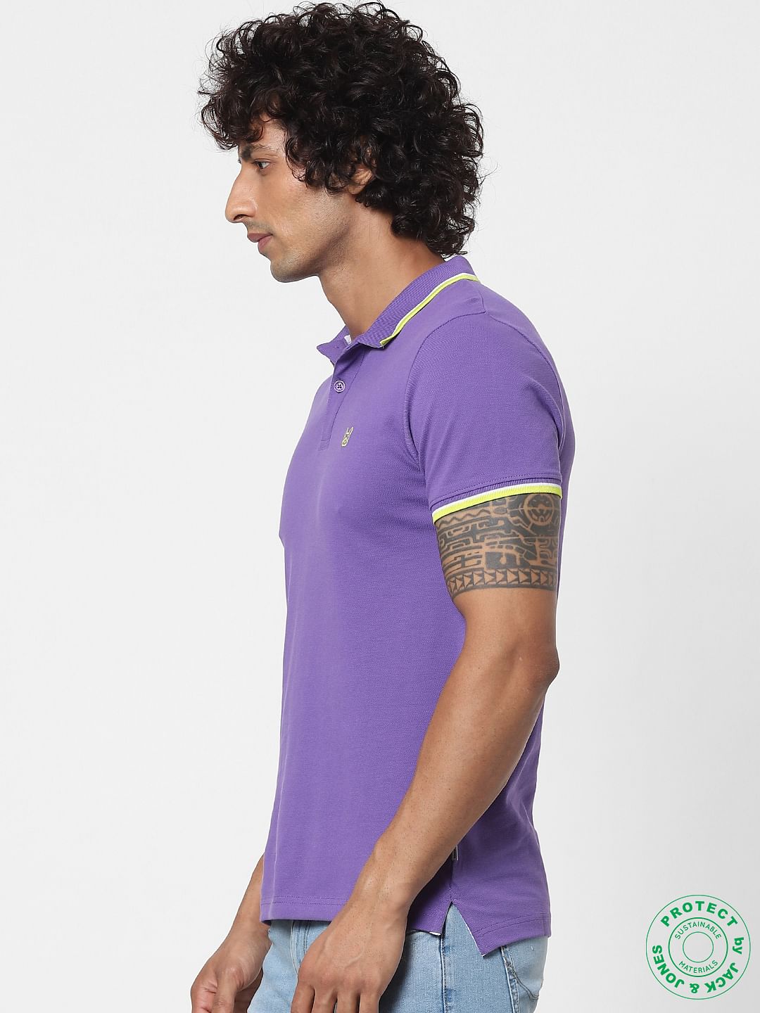 Purple Contrast Tipping Polo Neck T-shirt