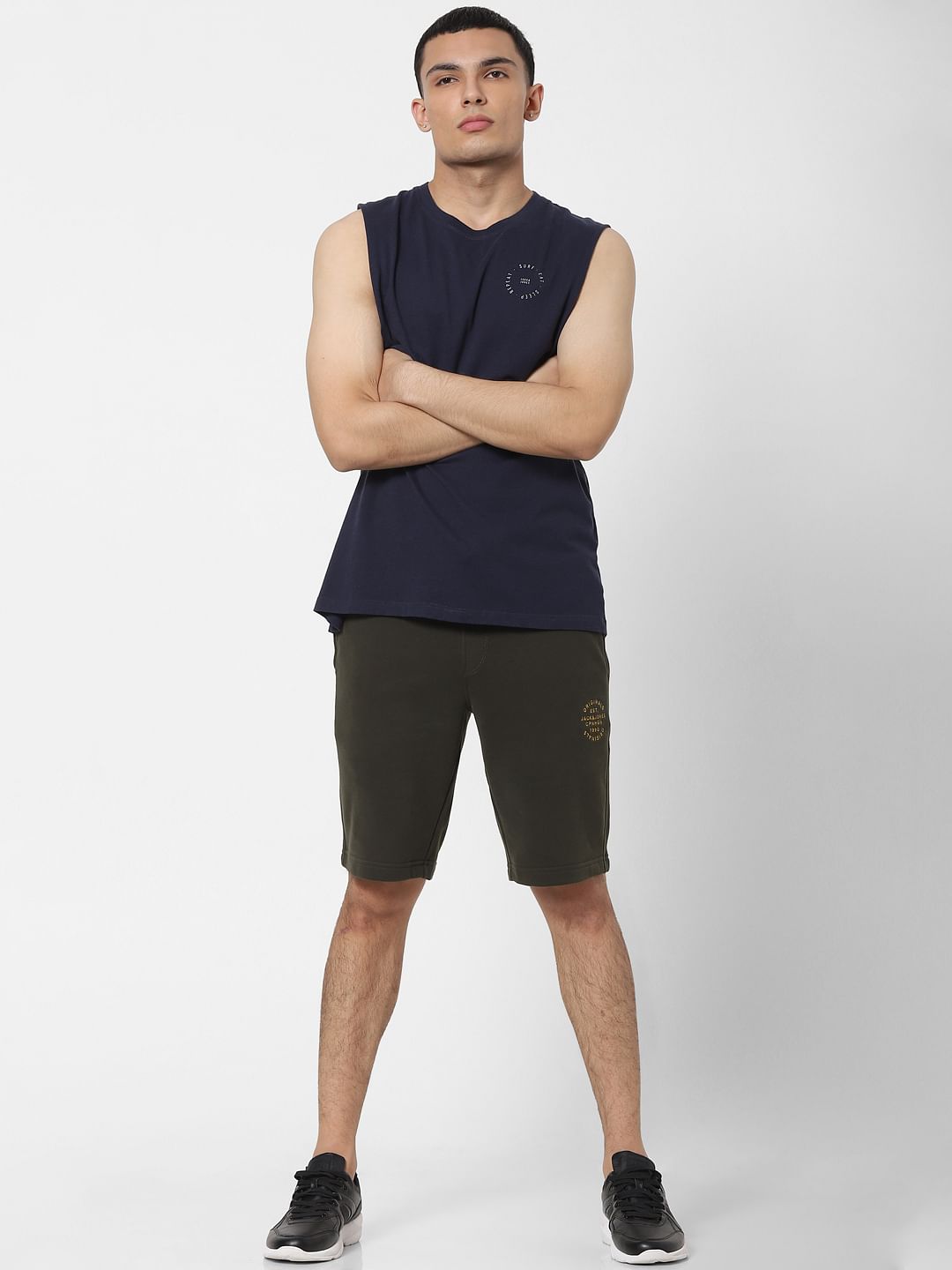 Navy Blue Slogan Print Sleeveless T-shirt - S