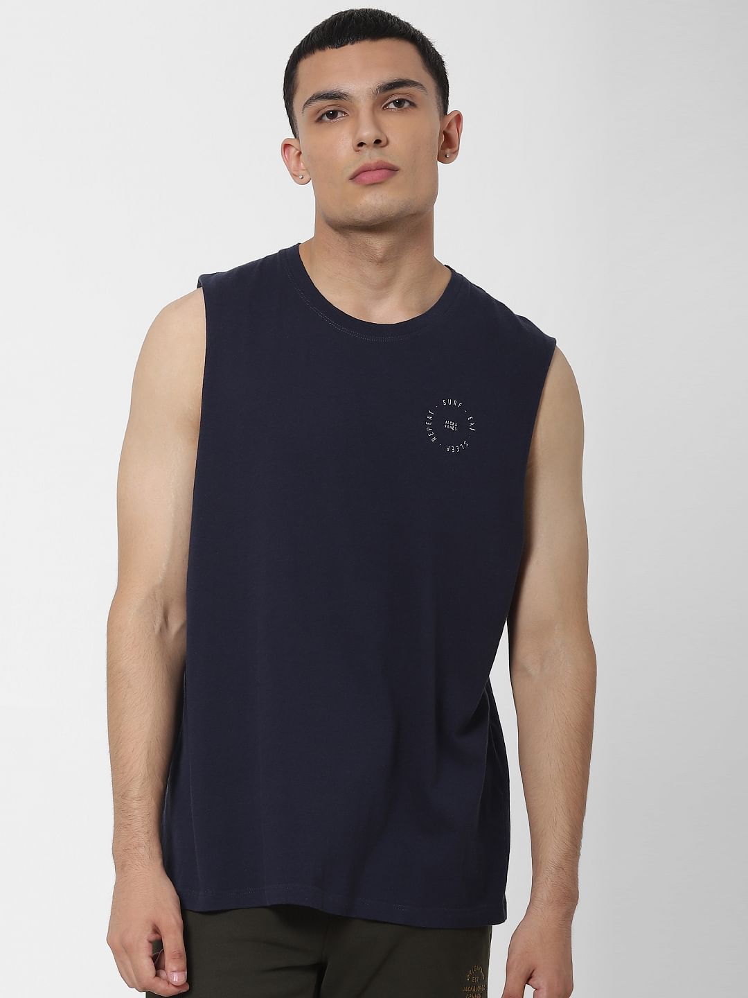 Navy Blue Slogan Print Sleeveless T-shirt