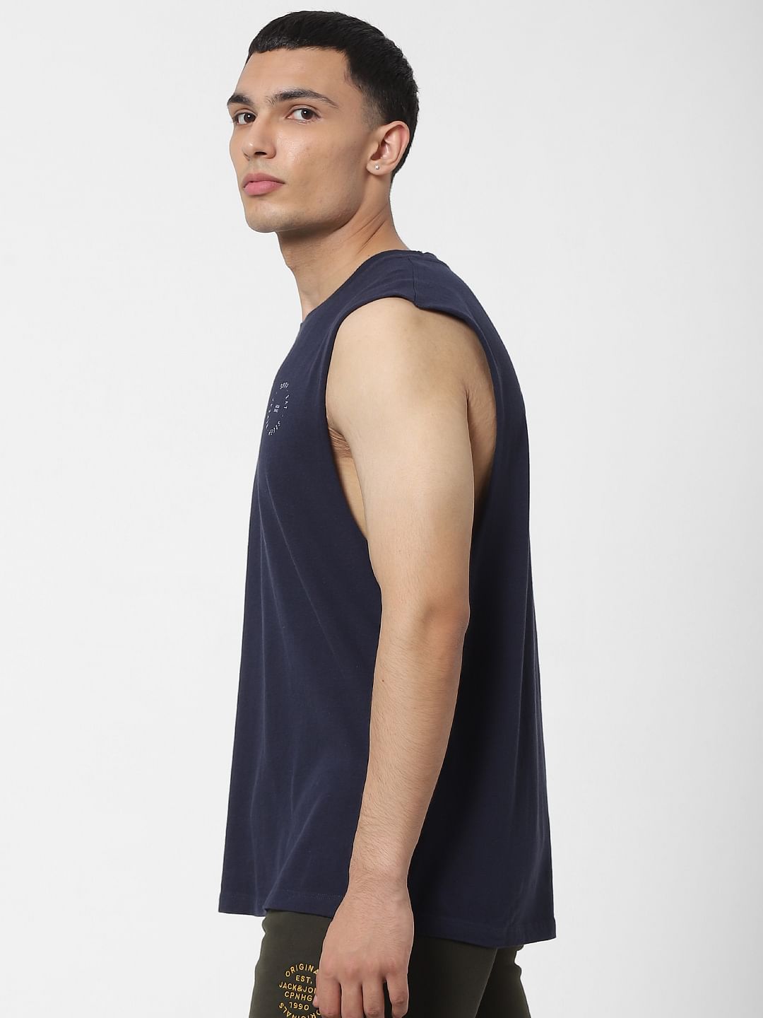 Navy Blue Slogan Print Sleeveless T-shirt
