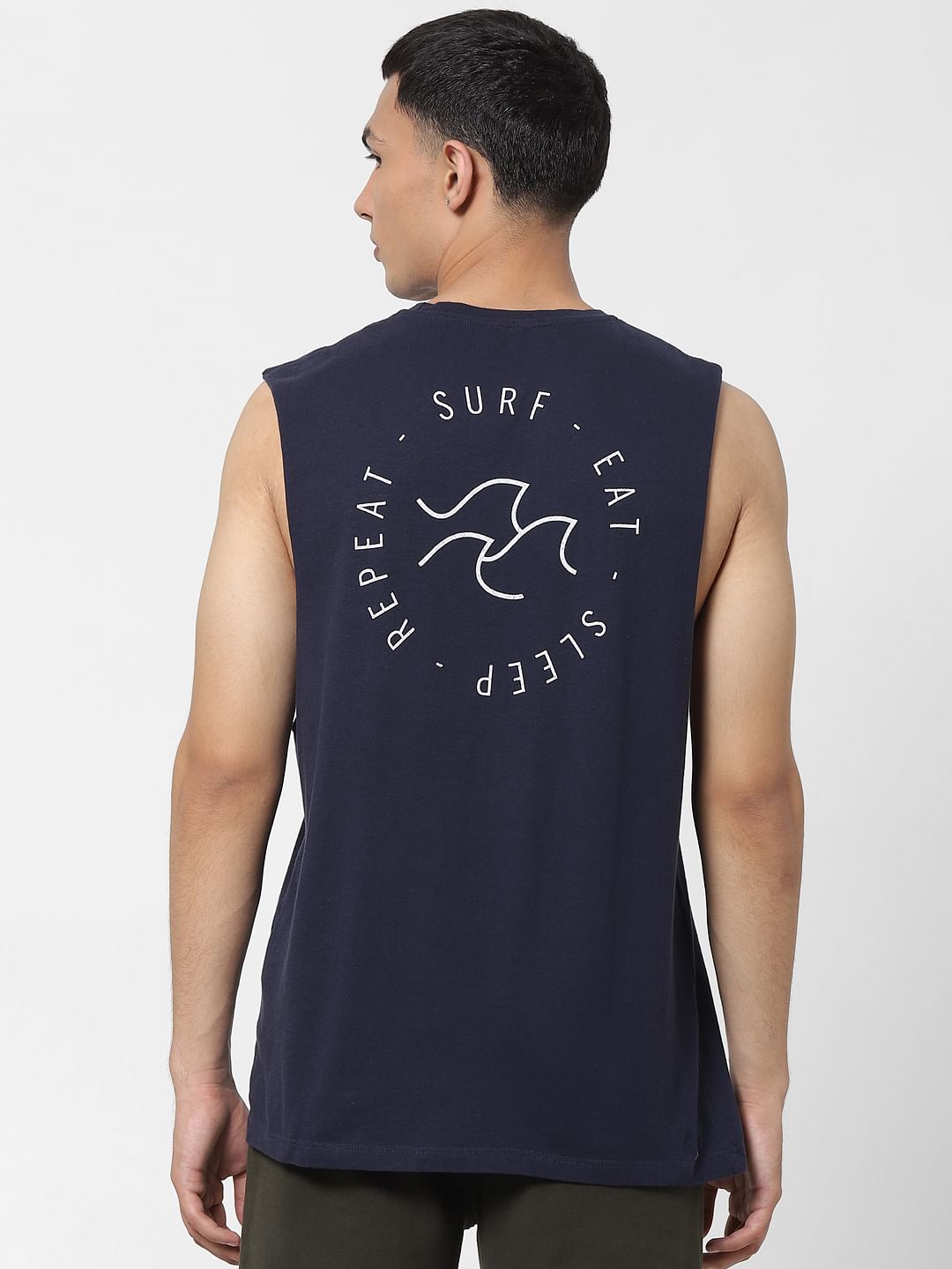 Navy Blue Slogan Print Sleeveless T-shirt