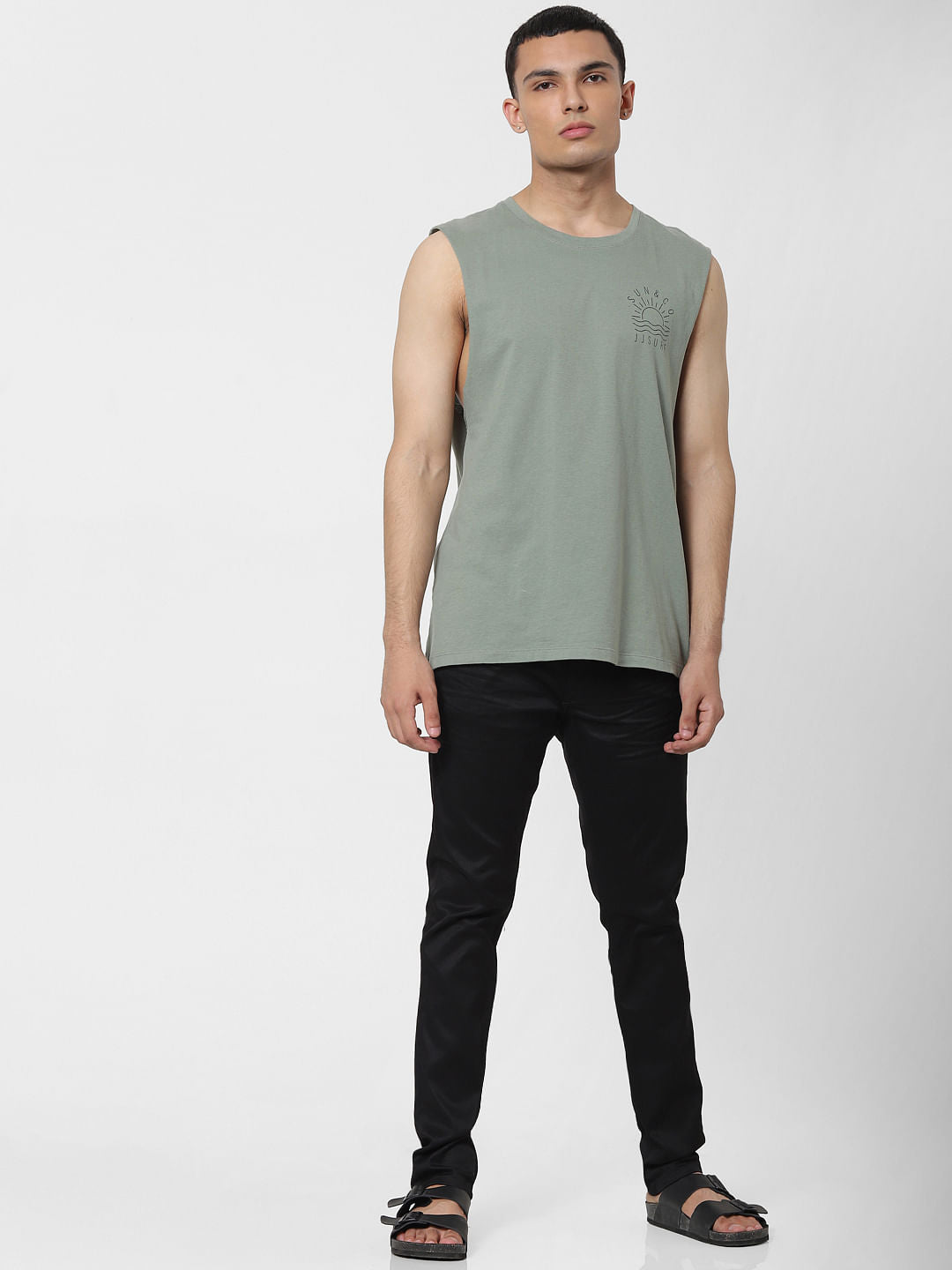 Green Text Print Sleeveless T-shirt - S