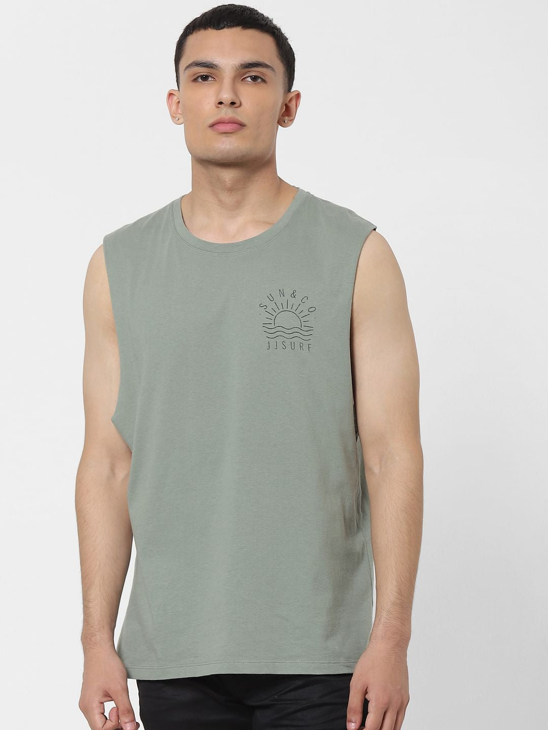 Green Text Print Sleeveless T-shirt