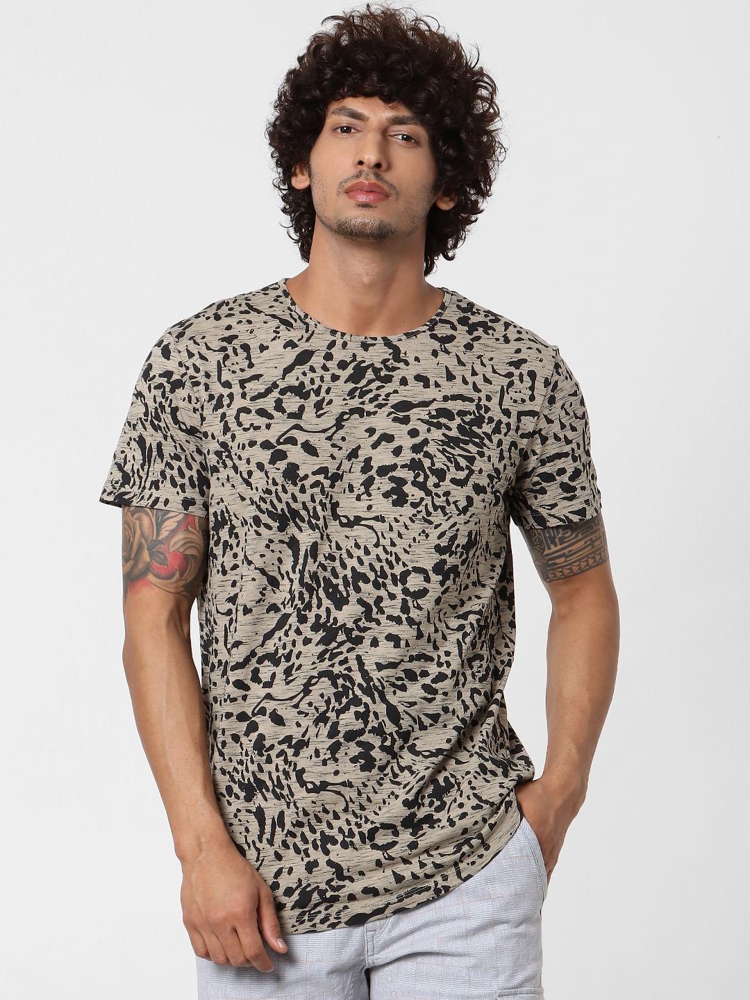 Brown Abstract Print Crew Neck T-shirt