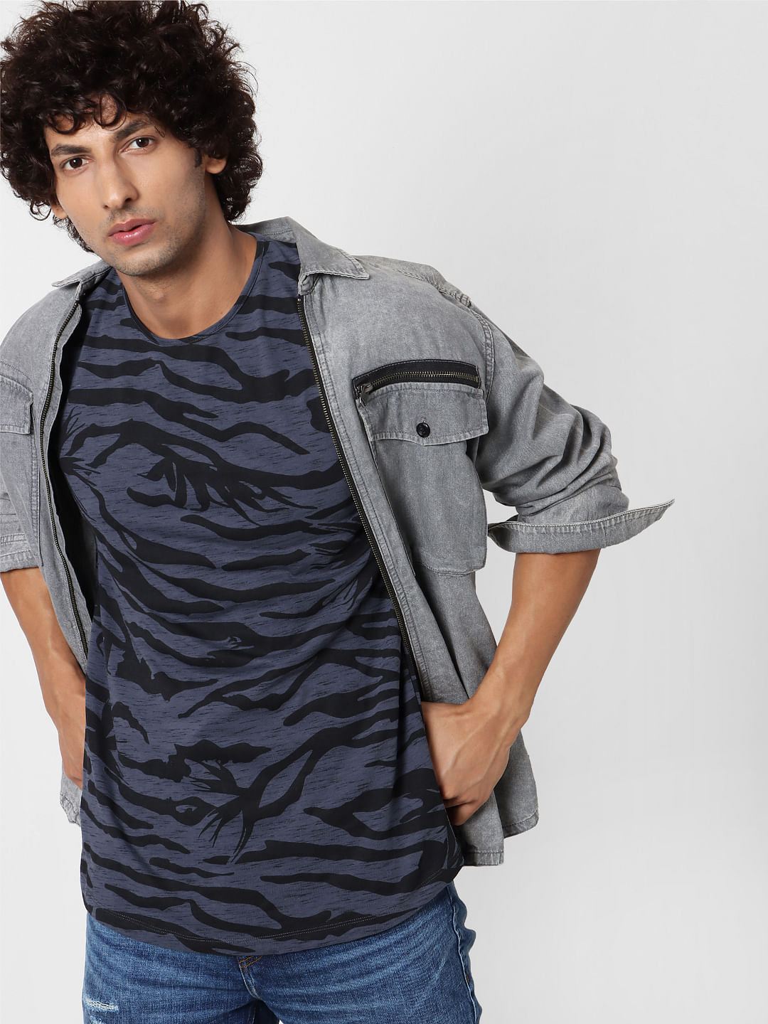 Blue Abstract Print Crew Neck T-shirt - S
