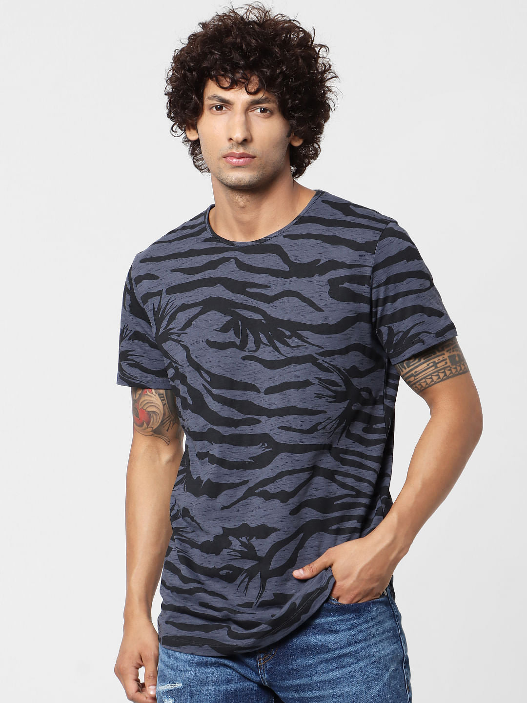 Blue Abstract Print Crew Neck T-shirt