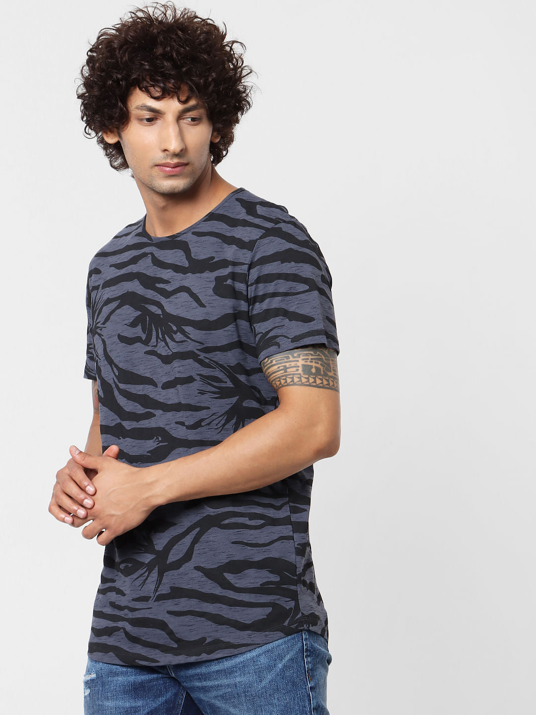 Blue Abstract Print Crew Neck T-shirt