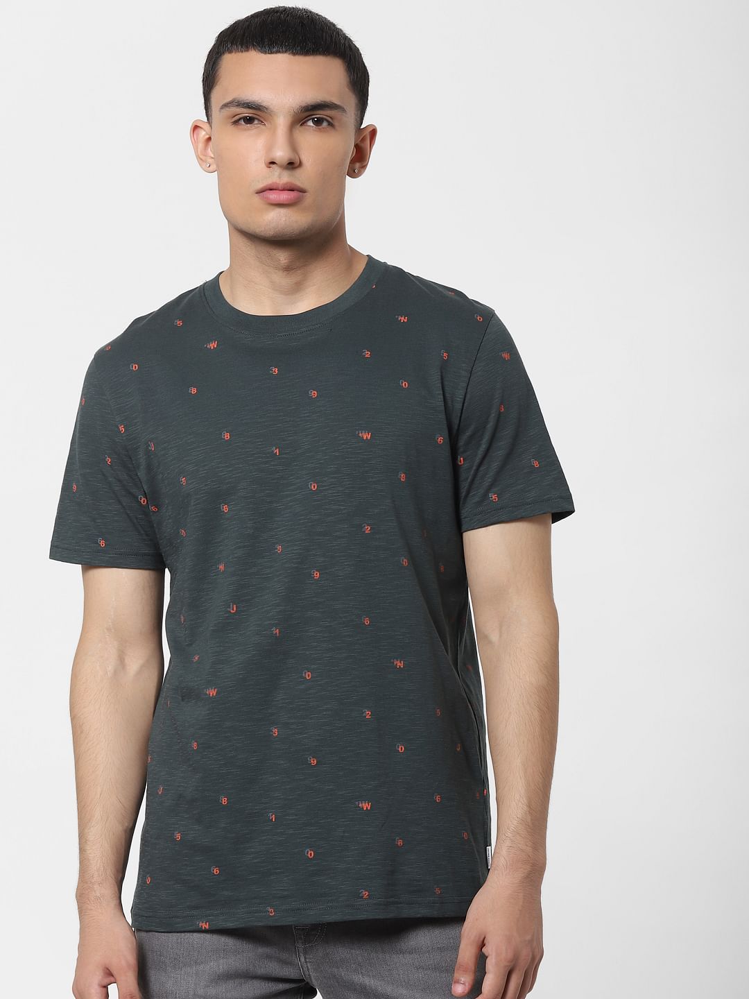 Dark Green All Over Print Crew Neck T-shirt