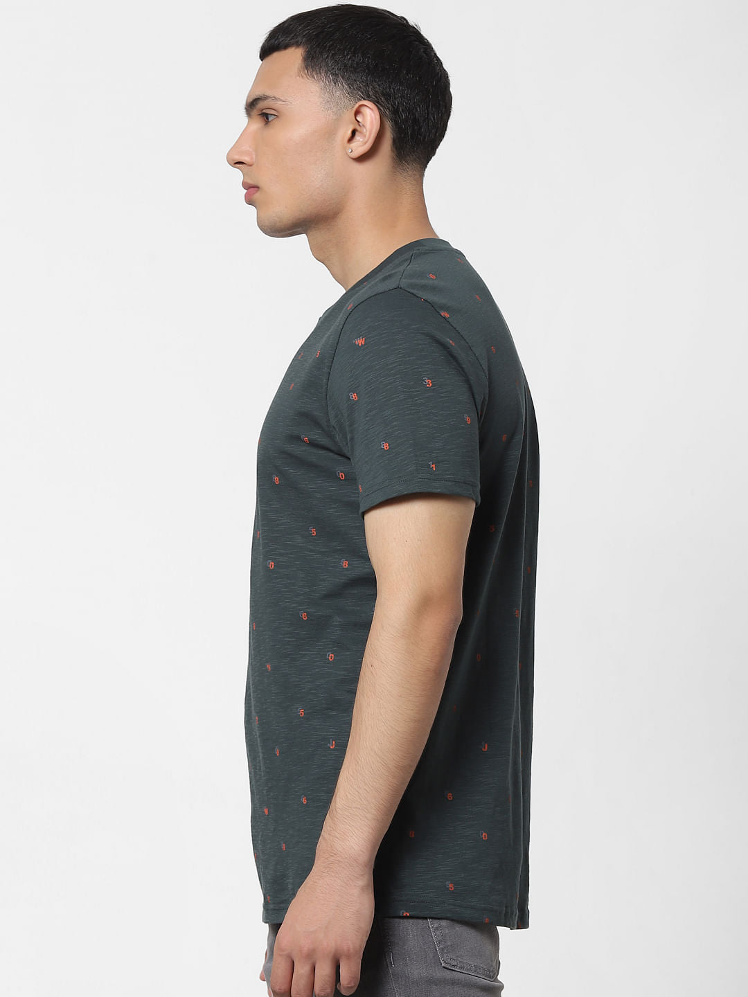Dark Green All Over Print Crew Neck T-shirt