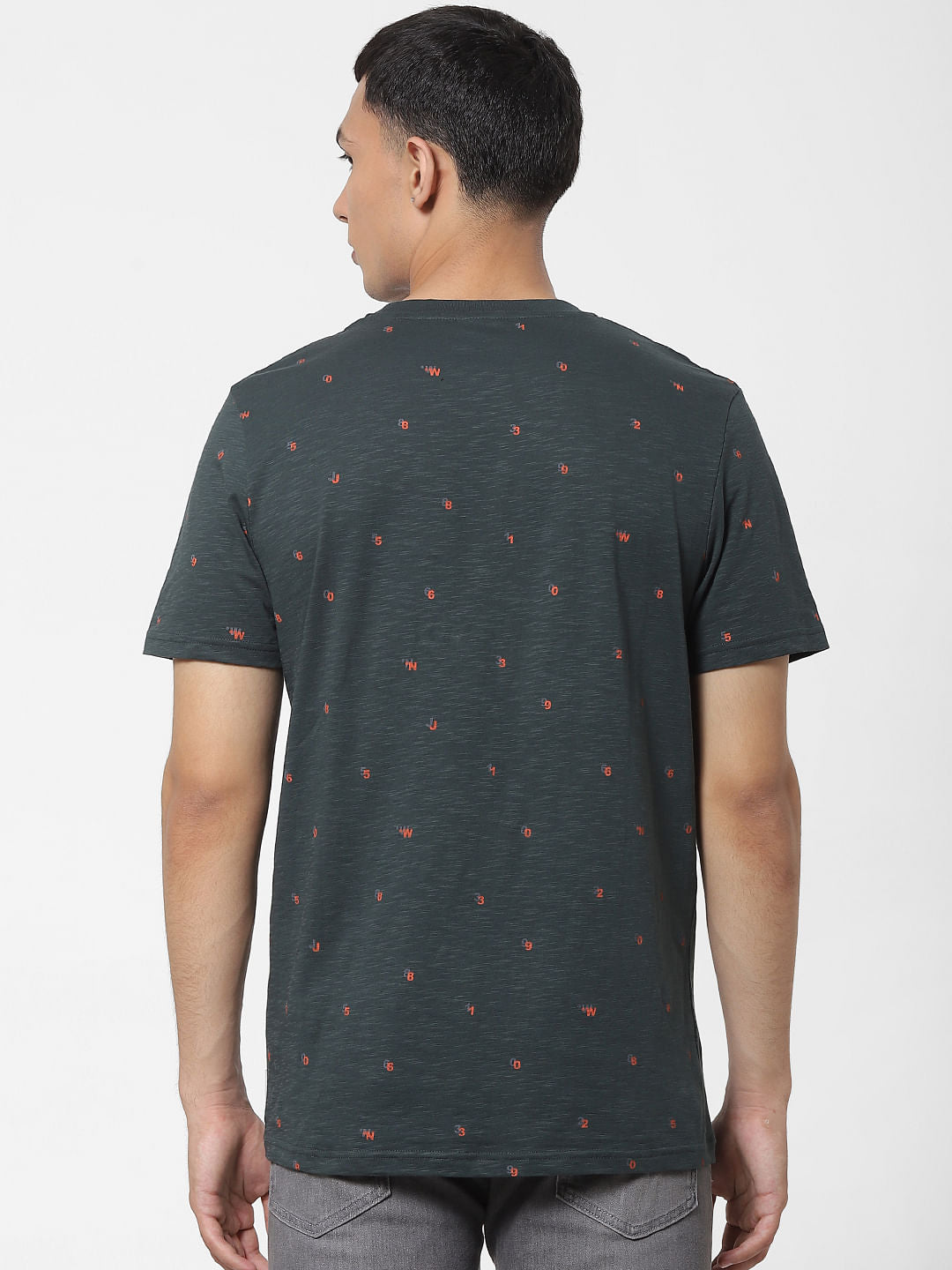 Dark Green All Over Print Crew Neck T-shirt