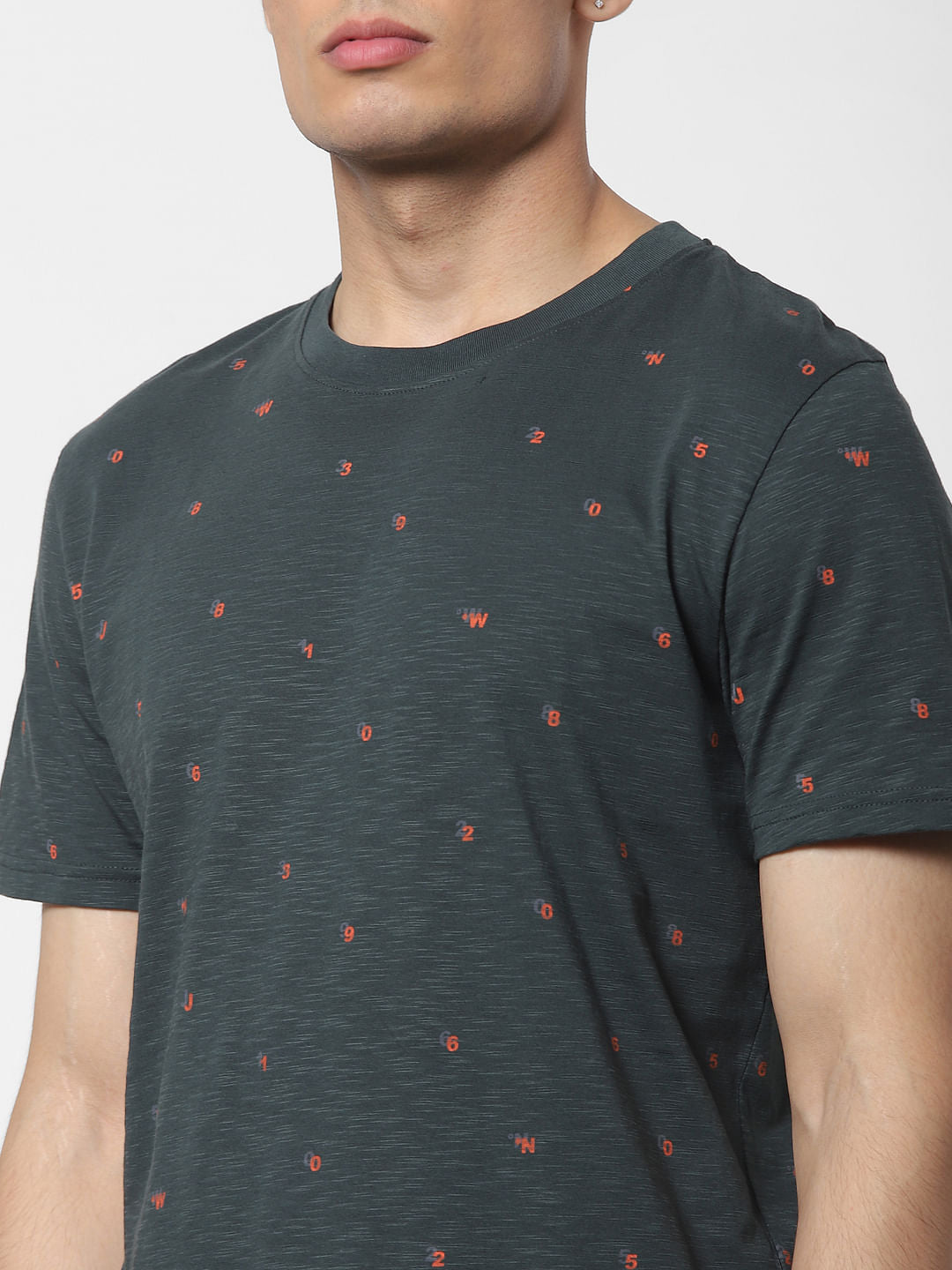 Dark Green All Over Print Crew Neck T-shirt