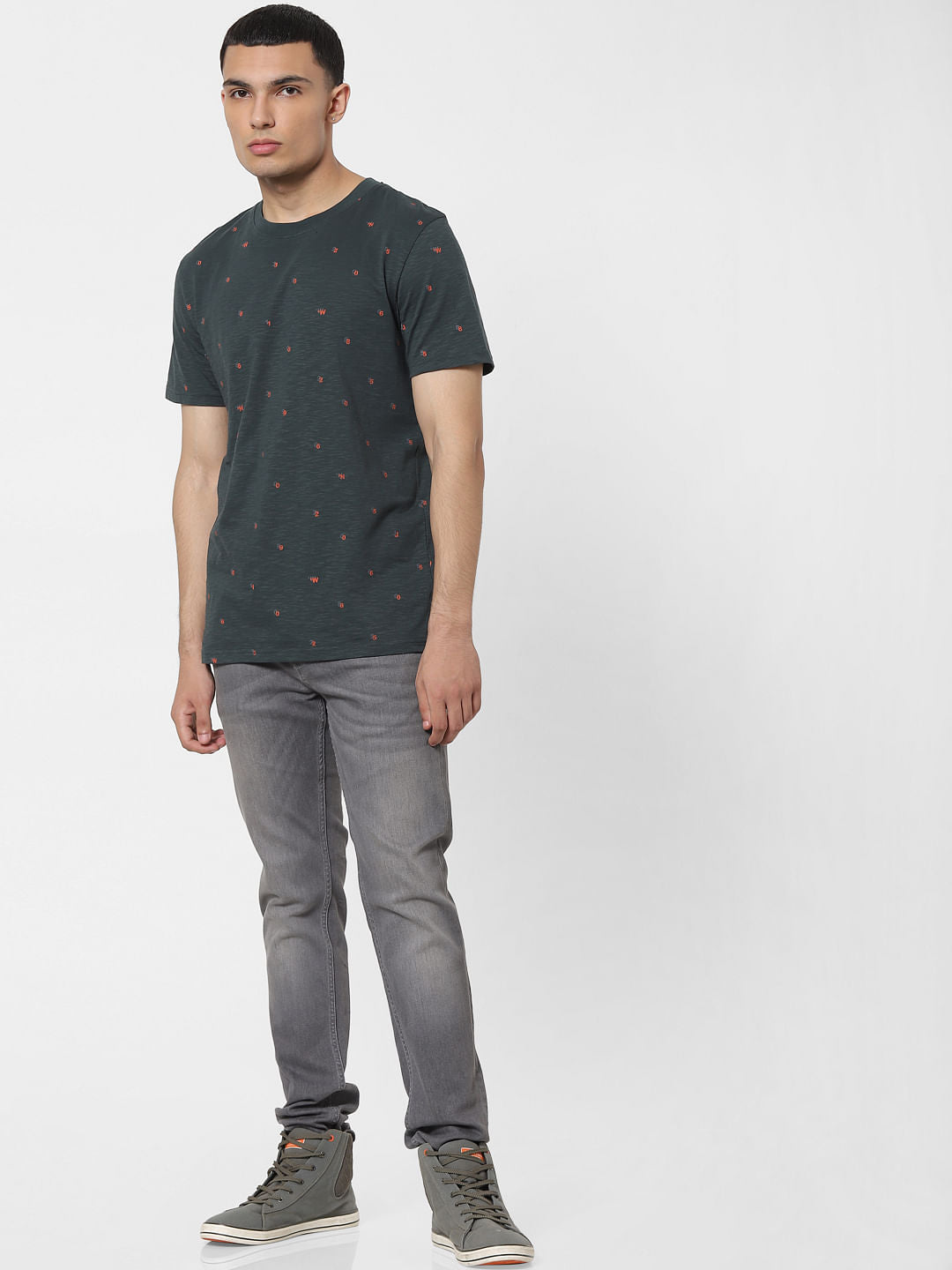 Dark Green All Over Print Crew Neck T-shirt