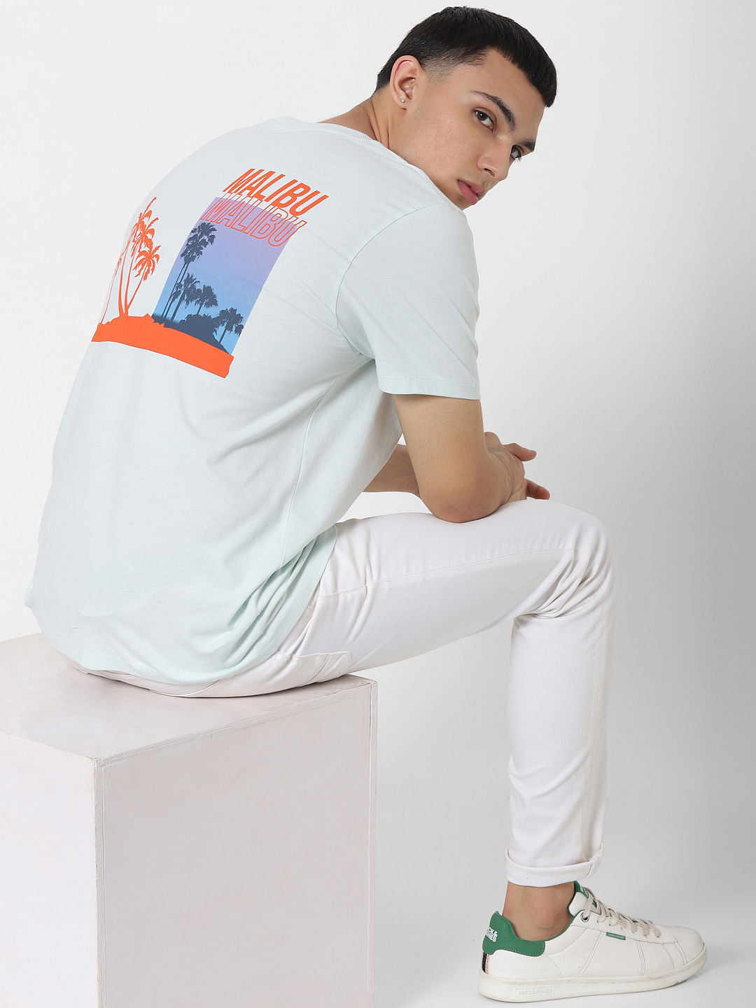 Pale Blue Graphic Print Oversized Crew Neck T-shirt - S