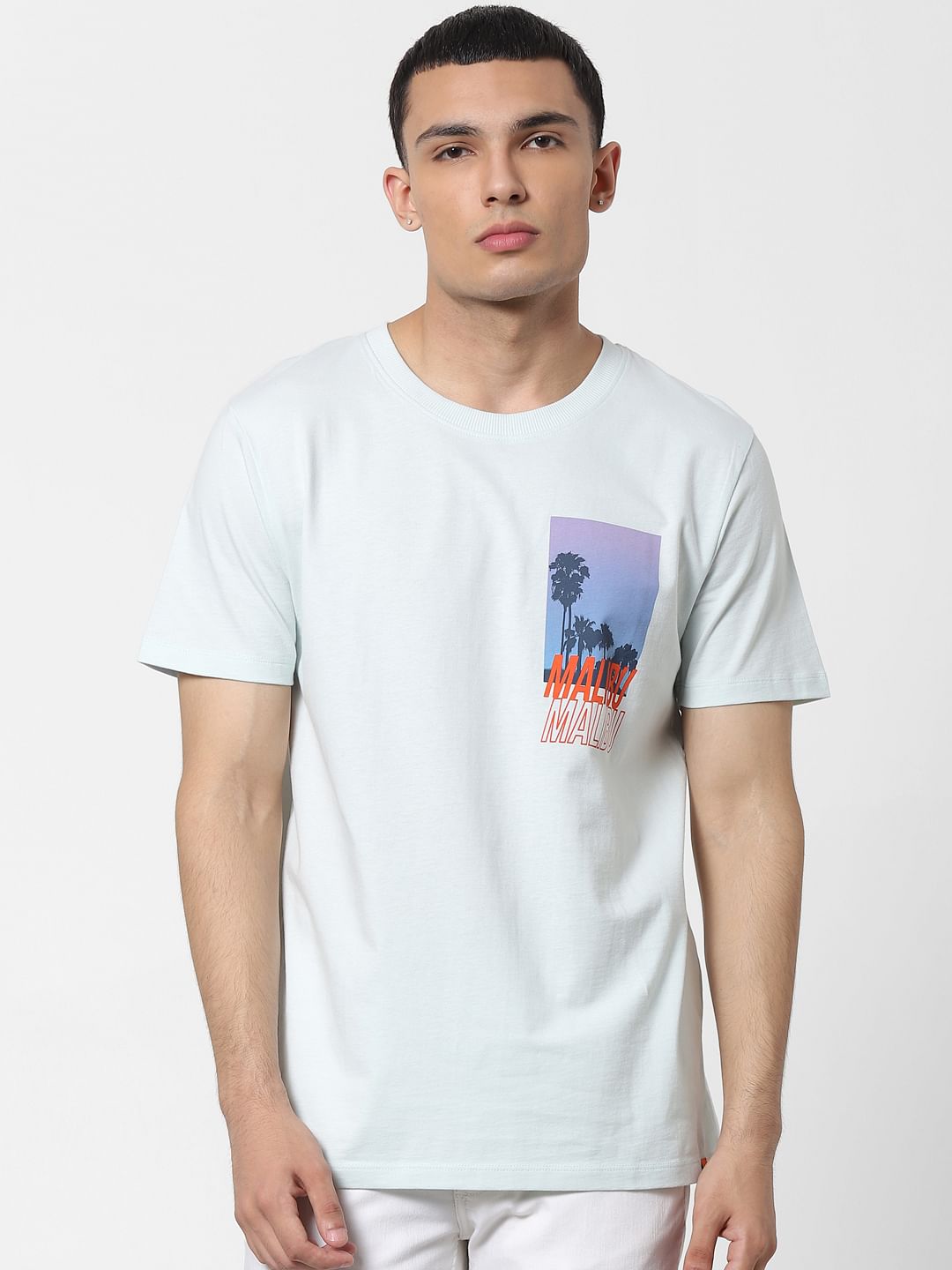 Pale Blue Graphic Print Oversized Crew Neck T-shirt