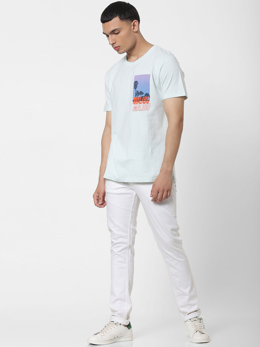 Pale Blue Graphic Print Oversized Crew Neck T-shirt