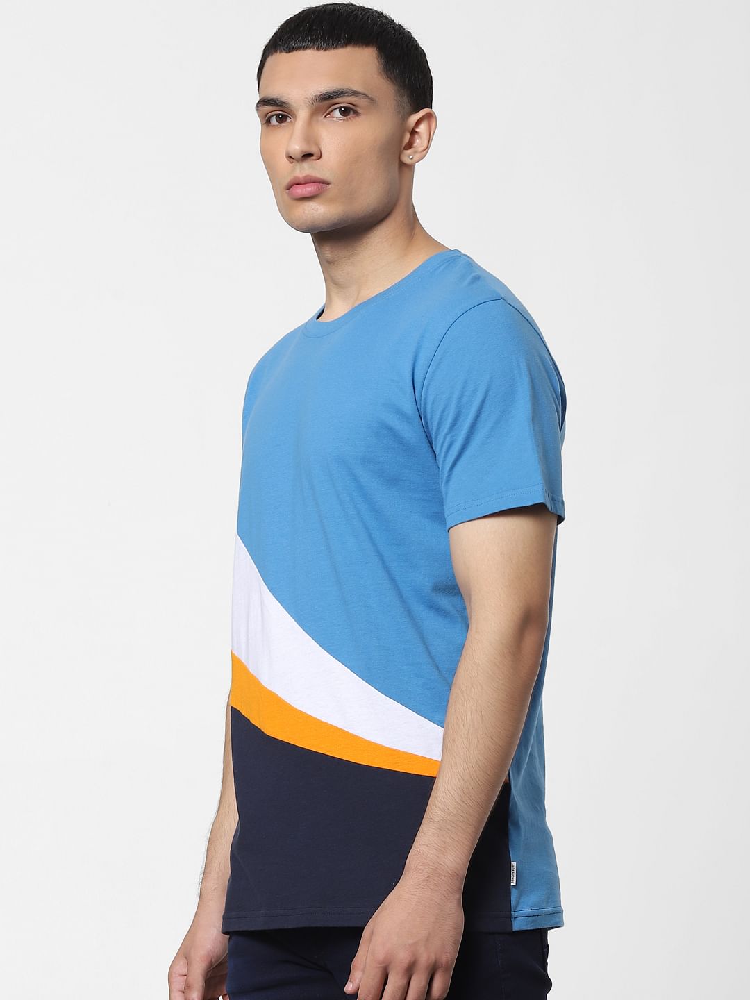 Blue Colourblocked Crew Neck T-shirt