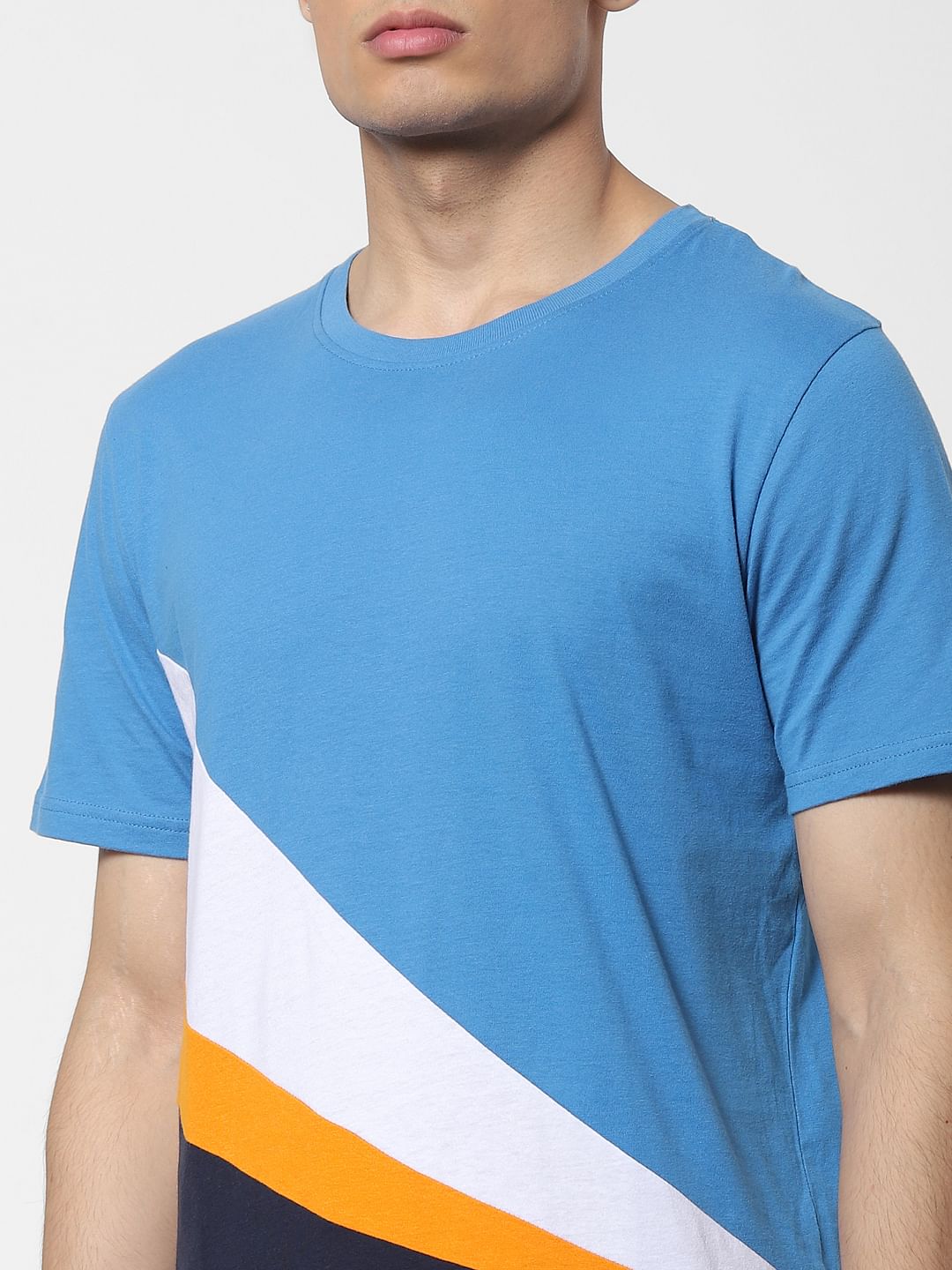 Blue Colourblocked Crew Neck T-shirt