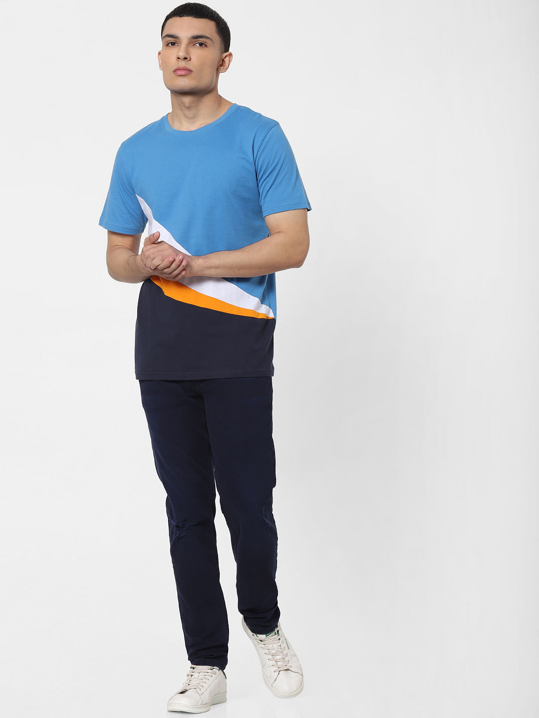 Blue Colourblocked Crew Neck T-shirt