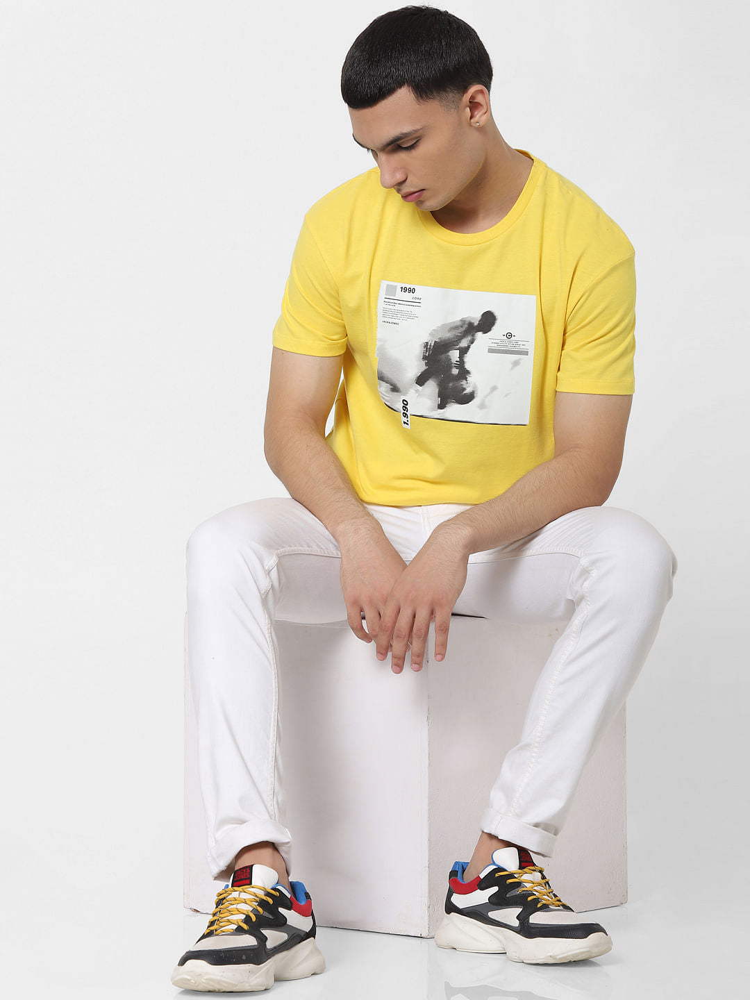 Yellow Graphic Print Crew Neck T-shirt - S